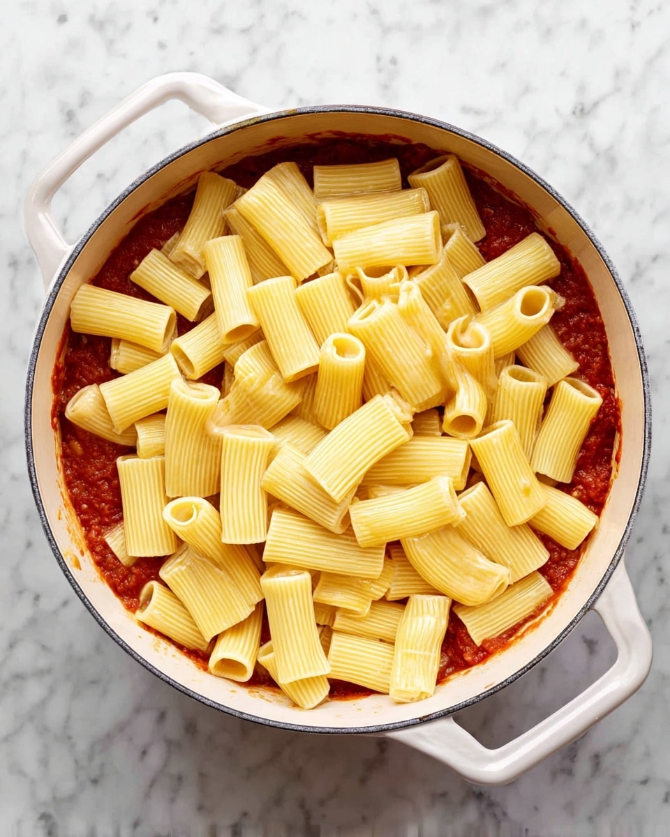 The image shows a white pot with two handles on a white marbled surface, filled with two layers: the bottom layer is a rich red tomato sauce, slightly visible around the edges; the top layer is a thick spread of pale yellow rigatoni pasta pieces placed loosely over the sauce, with their tube openings and ribbed textures clearly visible. Photo taken with an iphone --ar 4:5 --v 7
