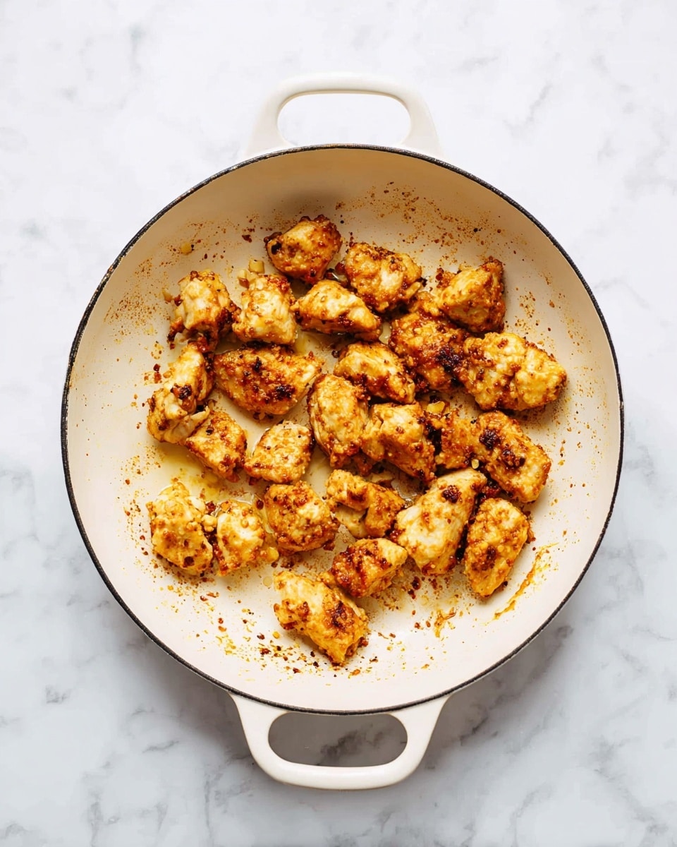 In a white round pan with two handles, there are about 17 small pieces of cooked chicken scattered in the center. The chicken pieces are golden brown with some darker specks, showing a crispy texture from frying. The surface of the pan has some brown bits and light grease marks around the chicken, giving a sense of freshly cooked food. The pan is placed on a white marbled countertop with soft natural light illuminating from above. photo taken with an iphone --ar 4:5 --v 7