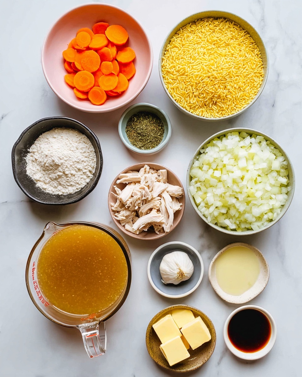 The image shows a top-down view of various ingredients arranged neatly on a white marbled surface. There are nine bowls and containers: the top right bowl holds finely chopped white onions with a slightly rough texture, next to it a small bowl with green dried herbs, below the herb bowl is a medium bowl filled with yellow uncooked orzo pasta, and to the left is a small pink bowl of white flour. On the left side, a bowl of bright orange carrot slices, a smaller black dish with minced garlic, and a larger bowl with shredded white chicken are visible. Near the bottom, a glass measuring cup contains a light brown broth with a clear texture. Two small bowls at the bottom hold two slices of yellow butter and light cream, while a tiny bowl contains dark liquid, possibly soy sauce. The ingredients are arranged in a semi-circle with clear separation and contrast among the colors. Photo taken with an iphone --ar 4:5 --v 7