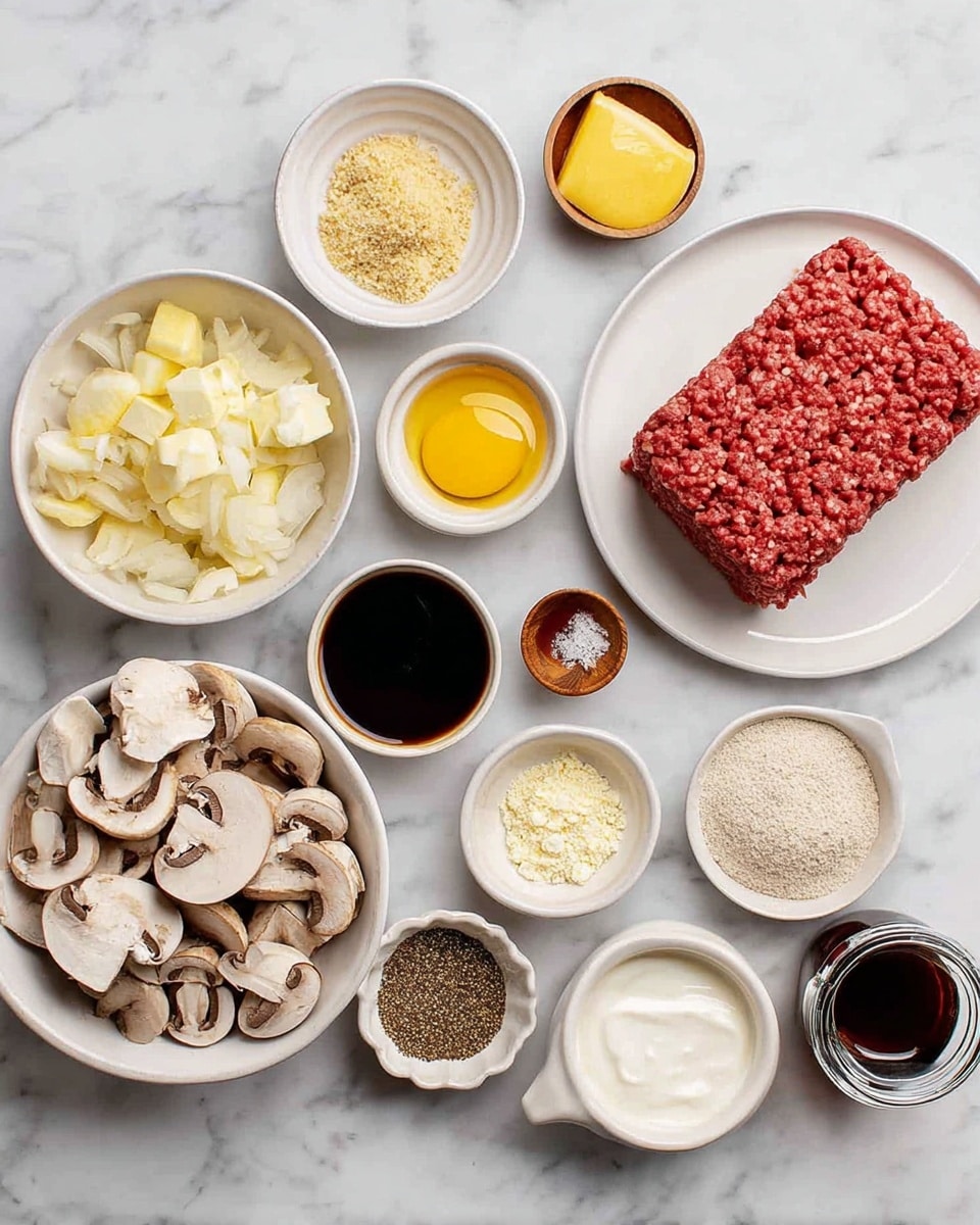 A top view of ingredients arranged on a white marbled surface, showing a white round plate with a large block of raw ground meat positioned near the center right. To the left in a white round bowl is a pile of sliced mushrooms with a mix of light beige stems and light brown caps. Around them are small white bowls containing various ingredients: a chunk of pale yellow butter, minced garlic, chopped onions, an egg yolk, flour, ketchup and mustard side by side, breadcrumbs, a small bowl of dark soy sauce, a small wooden dish with mixed spices, a bowl of white cream, and a glass jar with a dark liquid. All bowls are neat and clean, the colors range from white, beige, red, yellow, brown to dark brown. Photo taken with an iphone --ar 4:5 --v 7