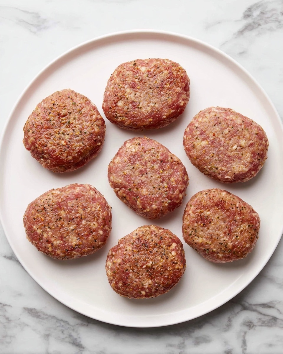 The image shows six raw meat patties placed evenly on a large, white plate. Each patty is oval-shaped with a textured surface showing small bits of seasoning and fat, giving a mix of brown, pink, and lighter beige colors. The plate sits on a white marbled surface with gray veins, adding a clean and fresh look. The patties are spaced out in two rows of three, with slight irregularities in shape and size, showing they are handmade. Photo taken with an iphone --ar 4:5 --v 7