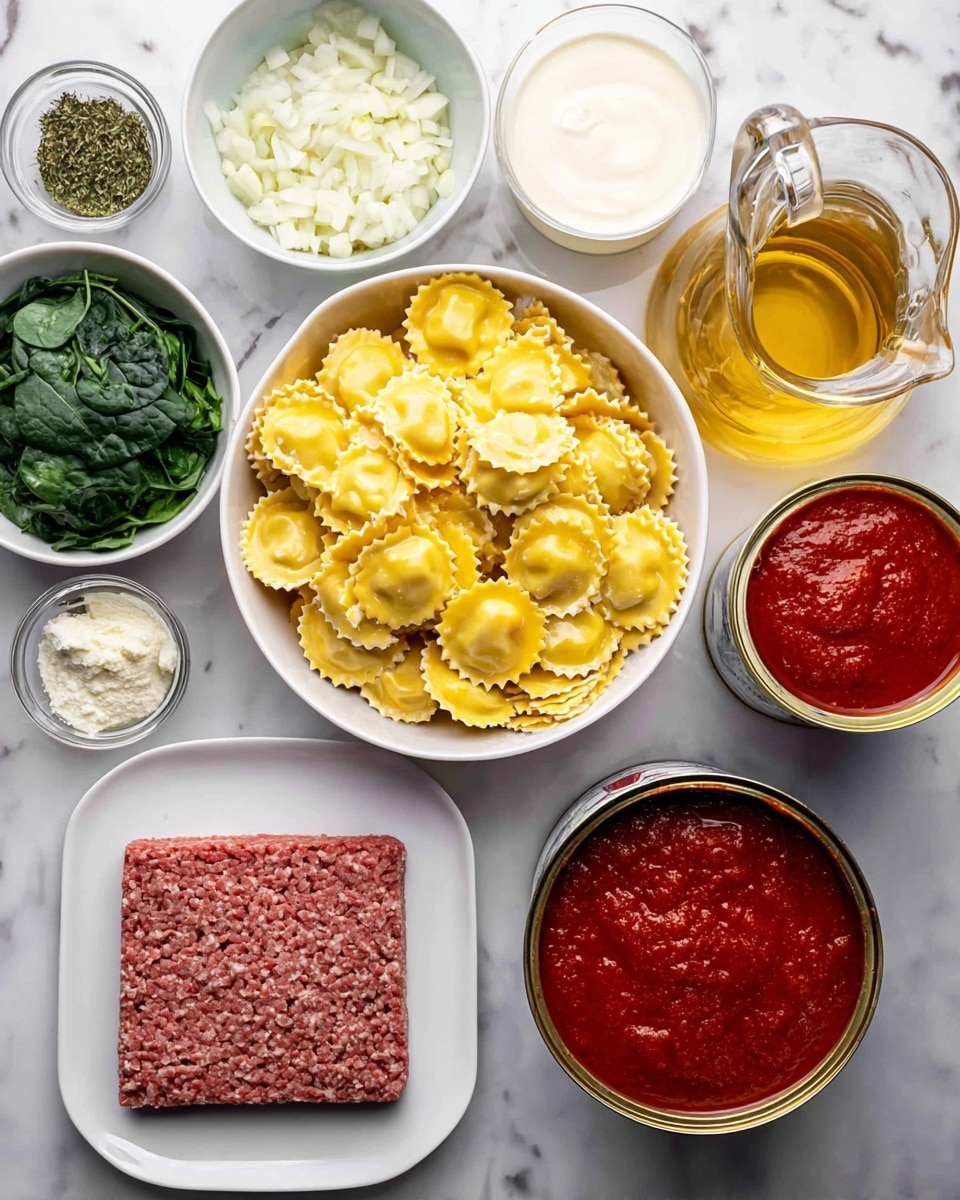 The image shows a flat lay of ingredients on a white marbled surface arranged neatly. In the center is a white bowl filled with yellow ravioli pasta with ruffled edges. Surrounding it are small white bowls holding chopped white onions, green spinach leaves, dried herbs, minced garlic, and a red tomato paste. There is an open can with red tomato sauce filling most of the frame on the right side. Below the ravioli bowl is a white plate with a rectangular block of raw ground meat, and next to it is a clear glass pitcher filled with golden broth. Above the ravioli bowl is a clear glass measuring cup filled with white cream. photo taken with an iphone --ar 4:5 --v 7