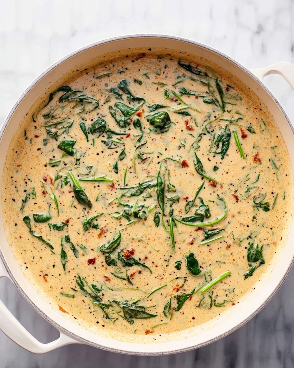The image shows a white deep pan filled with a creamy mixture. The creamy base is light tan with visible small flecks of black and red spices spread evenly throughout. Mixed inside are vibrant green spinach leaves, some whole and some slightly wilted, creating a textured surface. There are also tiny bits of sun-dried tomato pieces scattered around, adding small spots of reddish-orange color. The pan rests on a white marbled surface, enhancing the colors and textures of the creamy dish inside. Photo taken with an iphone --ar 4:5 --v 7