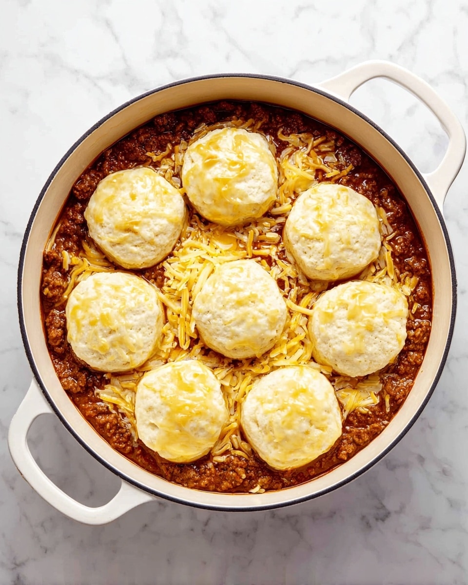 A white pot filled with three visible layers: the bottom layer is a thick, rich brown meat sauce spread evenly; on top of that is a layer of shredded yellow cheese scattered across the sauce; the top layer has eight round, pale biscuit dough pieces placed evenly in a circular pattern, each biscuit showing a light yellow shiny butter glaze. The pot sits on a white marbled surface. photo taken with an iphone --ar 4:5 --v 7