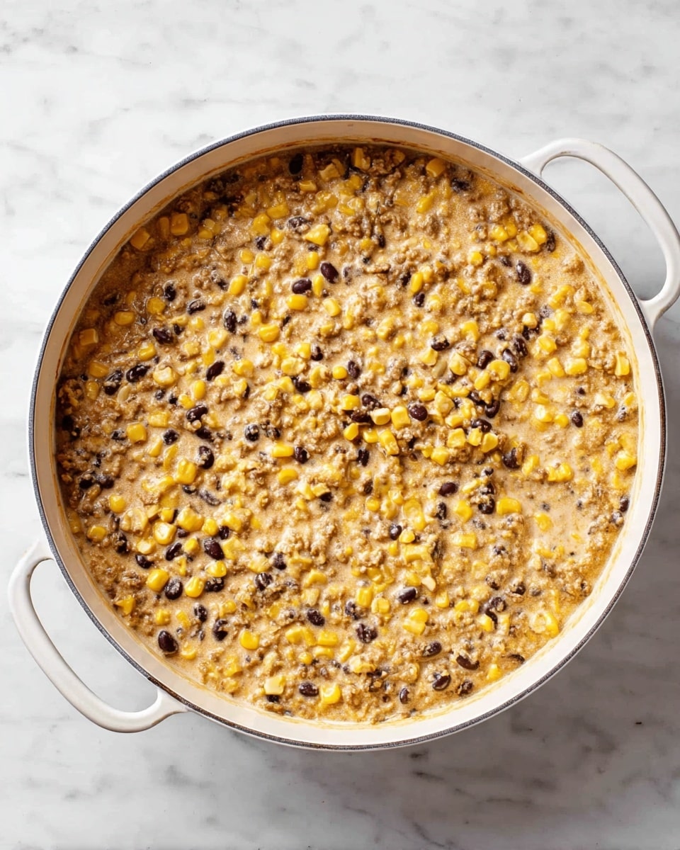 A white cooking pot filled with a creamy mixture sits on a white marbled surface. The mixture has small, even pieces of yellow corn and dark black beans spread throughout. The creamy sauce that binds everything together is light beige with a slightly thick texture. The pot has two handles on opposite sides and the mixture fills almost to the top, showing a dense, textured surface. The scene is bright and clear with no other items nearby. photo taken with an iphone --ar 4:5 --v 7