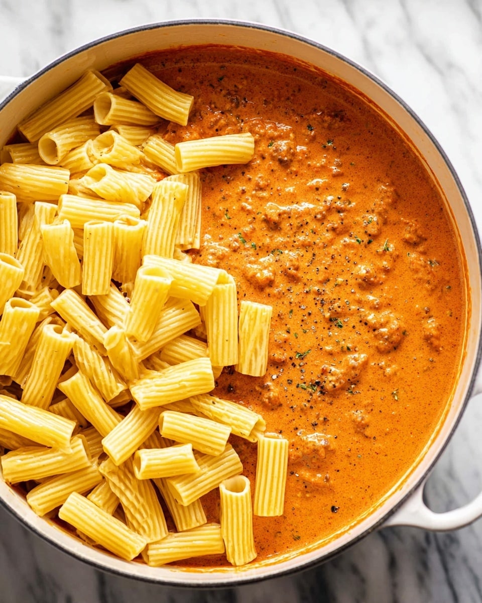 A white pot filled halfway with a thick creamy orange tomato sauce mixed with small bits of herbs and meat, covering the bottom and left side, and a pile of short yellow rigatoni pasta sitting on top on the right side. The sauce has a smooth and slightly chunky texture with visible black pepper specks. The background is a white marbled surface. photo taken with an iphone --ar 4:5 --v 7