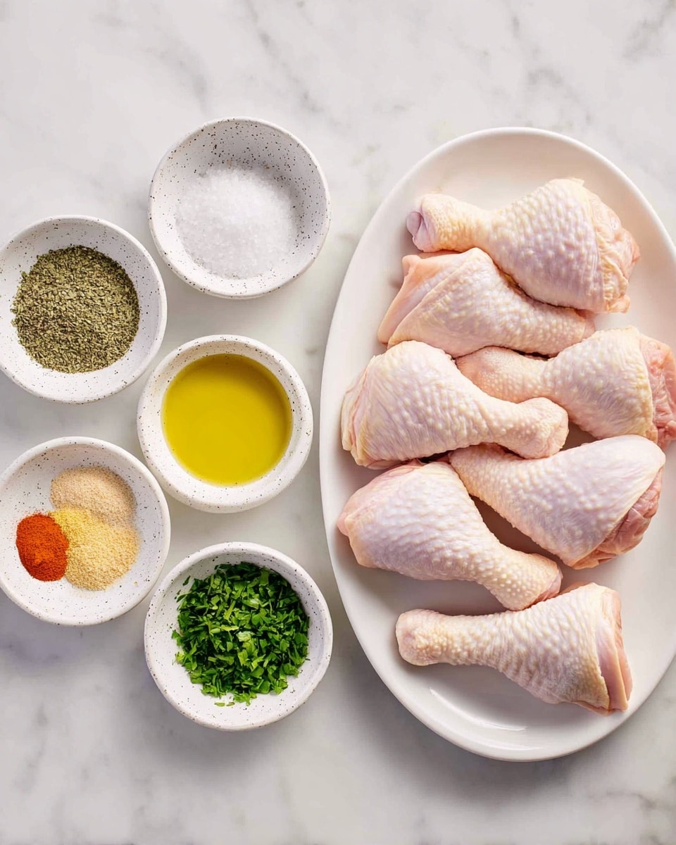 On a white oval plate on the right, there are nine raw chicken drumsticks with pale pink skin and a bumpy texture. To the left, six small white bowls hold different ingredients: from top left clockwise, green dried herbs, white salt, black pepper, yellow oil, a mix of yellow and light beige powders, and bright green chopped fresh herbs. The bowls have speckled patterns except the oil and herbs bowls which are plain white. All items rest on a white marbled surface. photo taken with an iphone --ar 4:5 --v 7