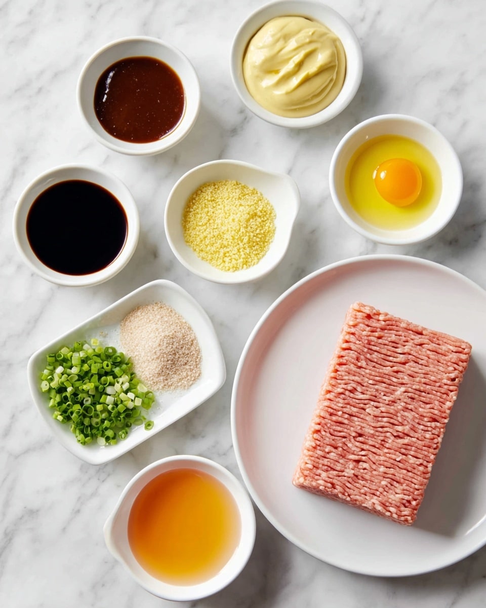 The image shows a white plate with a thick, rectangular block of raw light pink ground meat in the lower right corner. Around it, there are eight small white bowls arranged on a white marbled surface. The bowls contain different ingredients: dark brown thick sauce on the top left, smooth yellow paste beside it, off-white liquid next to the paste, bright yellow egg yolk on the right, light beige breadcrumbs near the yolk, small yellow grated garlic or ginger beside breadcrumbs, light orange liquid below the dark sauce, and chopped green scallions at the bottom left. The clean, organized layout highlights each ingredient clearly. photo taken with an iphone --ar 4:5 --v 7