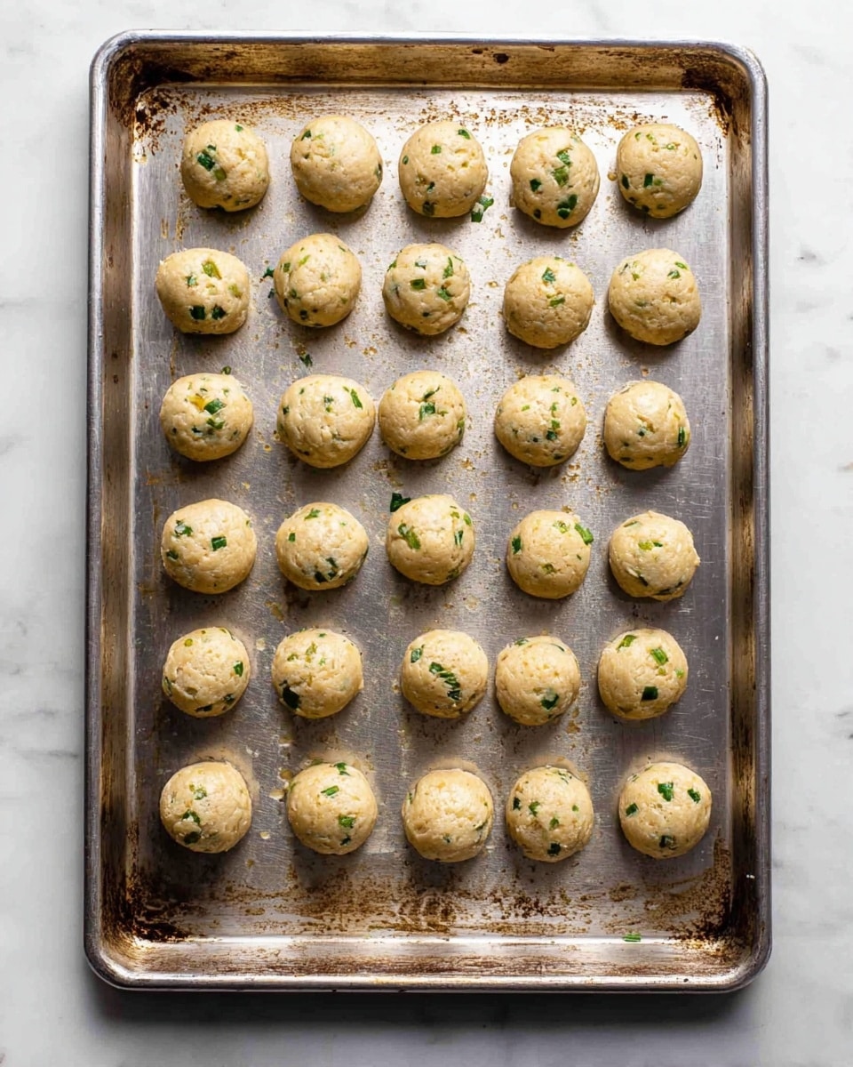 The image shows a silver baking tray filled with 28 round dough balls arranged in neat rows and columns. Each dough ball is light beige with small green vegetable pieces scattered inside. The tray shows signs of light baking or use, with brown spots and marks across its surface. The background is a white marbled texture. photo taken with an iphone --ar 4:5 --v 7