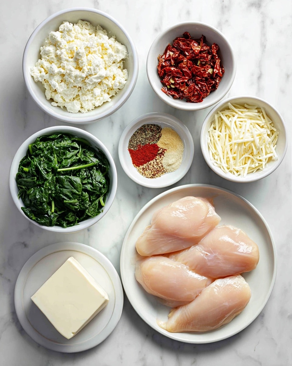 The image shows seven white bowls and plates arranged on a white marbled surface. Starting from the bottom right, a white plate holds four raw chicken breasts with a pale pink color and smooth texture. Above it to the right, a small white bowl contains chopped sun-dried tomatoes in dark red and orange hues. To the left, a white bowl filled with bright green chopped spinach leaves sits below a bowl of white crumbled cheese. Above that, a smaller white bowl holds a mix of spices with red, beige, and greenish colors. To the right of the spices, a white bowl has shredded mozzarella cheese with long thin strips of pale off-white color. In the center, a white saucer holds a square block of solid white cheese. All bowls and plates are neatly arranged, creating a clean and fresh look. Photo taken with an iphone --ar 4:5 --v 7