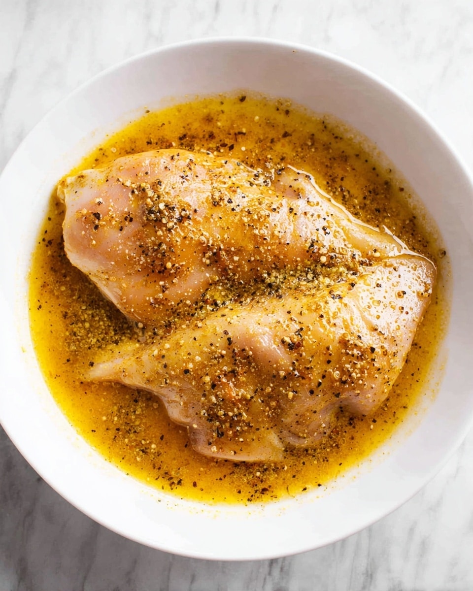 Two raw chicken pieces soak in a thick yellow-orange marinade inside a white bowl. The top chicken piece sits slightly on the edge of the other, both covered with black pepper and spices visible as small dark specks. The marinade shiny and slightly oily, pools at the bottom and edges of the bowl. The bowl rests on a white marbled surface. photo taken with an iphone --ar 4:5 --v 7