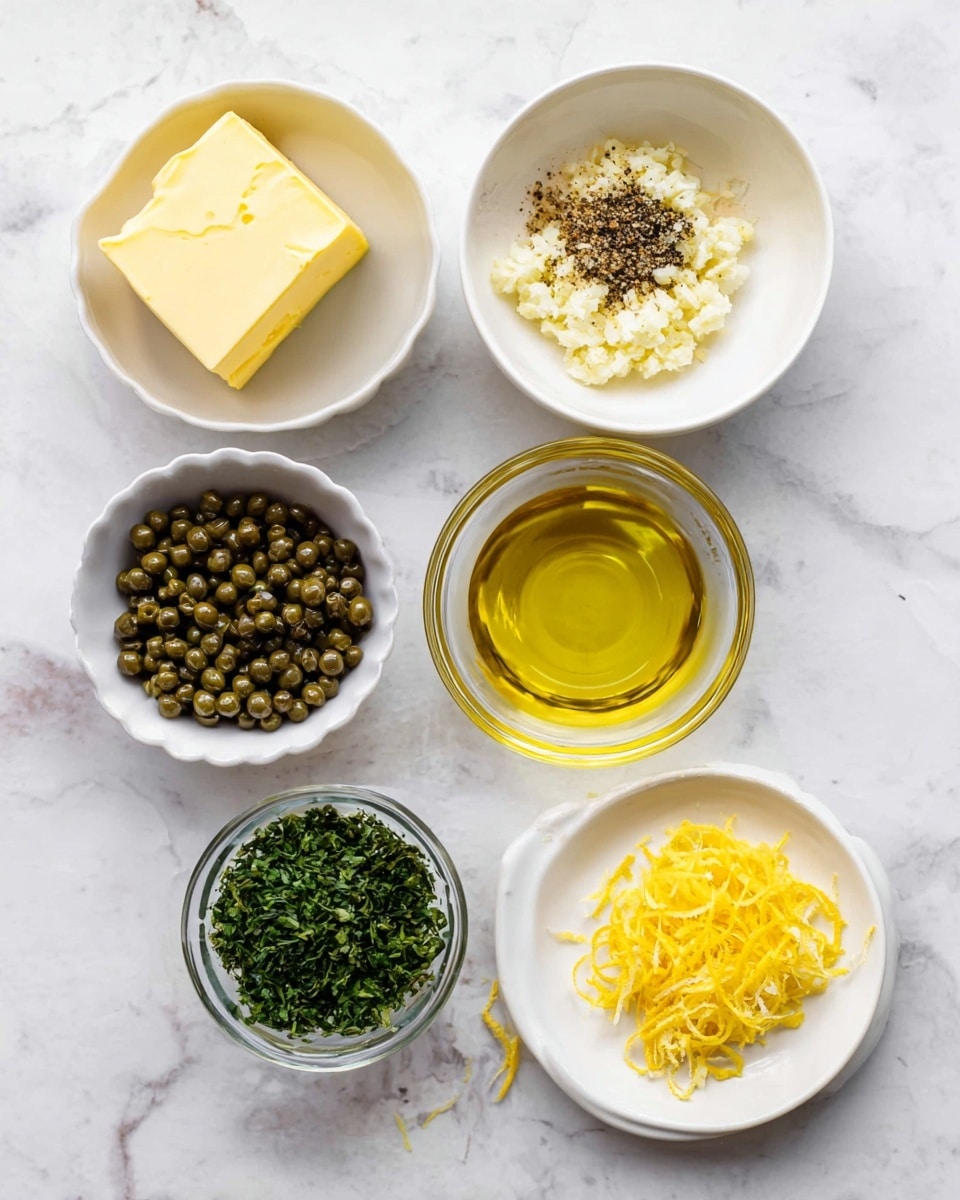 The image shows seven small white bowls and dishes arranged on a white marbled surface. The top left white bowl holds a square block of yellow butter. Below it, a white bowl contains minced garlic mixed with black pepper. To the right of the butter, a clear glass bowl has golden olive oil. Below the olive oil, a white bowl is filled with finely chopped green herbs. On the bottom left, a white bowl contains small, dark green capers. To the right of the capers, a white plate holds bright yellow lemon zest. Lastly, in the bottom center, a clear glass bowl has a pale yellow liquid, likely lemon juice. The items are neatly placed in a slight arc shape photo taken with an iphone --ar 4:5 --v 7