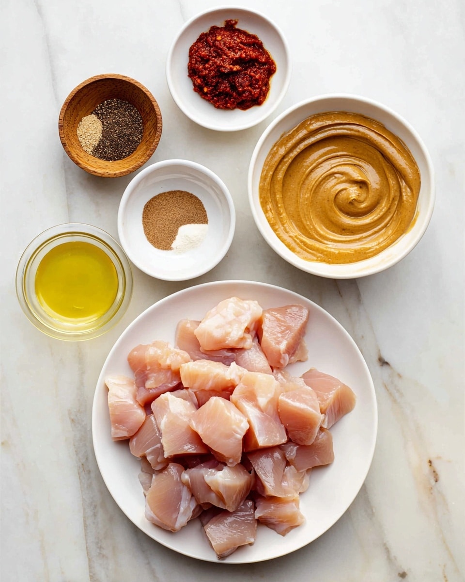 The image shows a white plate full of raw, light pink chicken pieces cut into chunks placed on a white marbled surface. To the top right, there is a white bowl filled with a smooth, creamy thick light brown sauce with swirls on top. Above that, another white bowl contains a dollop of red chili paste with a small beige spot on it. To the top left of this, a smaller wooden bowl holds two kinds of dry spices, one half dark brown and the other half light beige. Below and left of that, a white bowl contains a clear pale yellow liquid, likely oil. All elements are arranged neatly, showing ingredient preparation. Photo taken with an iphone --ar 4:5 --v 7