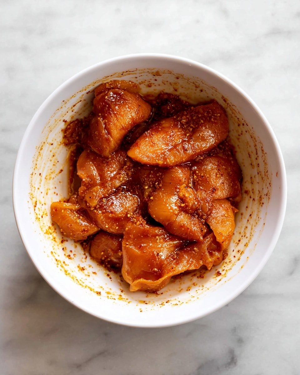 In a white bowl, there are several large pieces of raw chicken coated in a reddish-brown marinade. The chicken pieces have a smooth texture with a shiny, wet look from the sauce. The marinade looks thick and oily, with visible specks of seasoning. The inside sides of the bowl have some sauce stains, showing the mixture has been stirred well. The bowl is placed on a white marbled surface. photo taken with an iphone --ar 4:5 --v 7