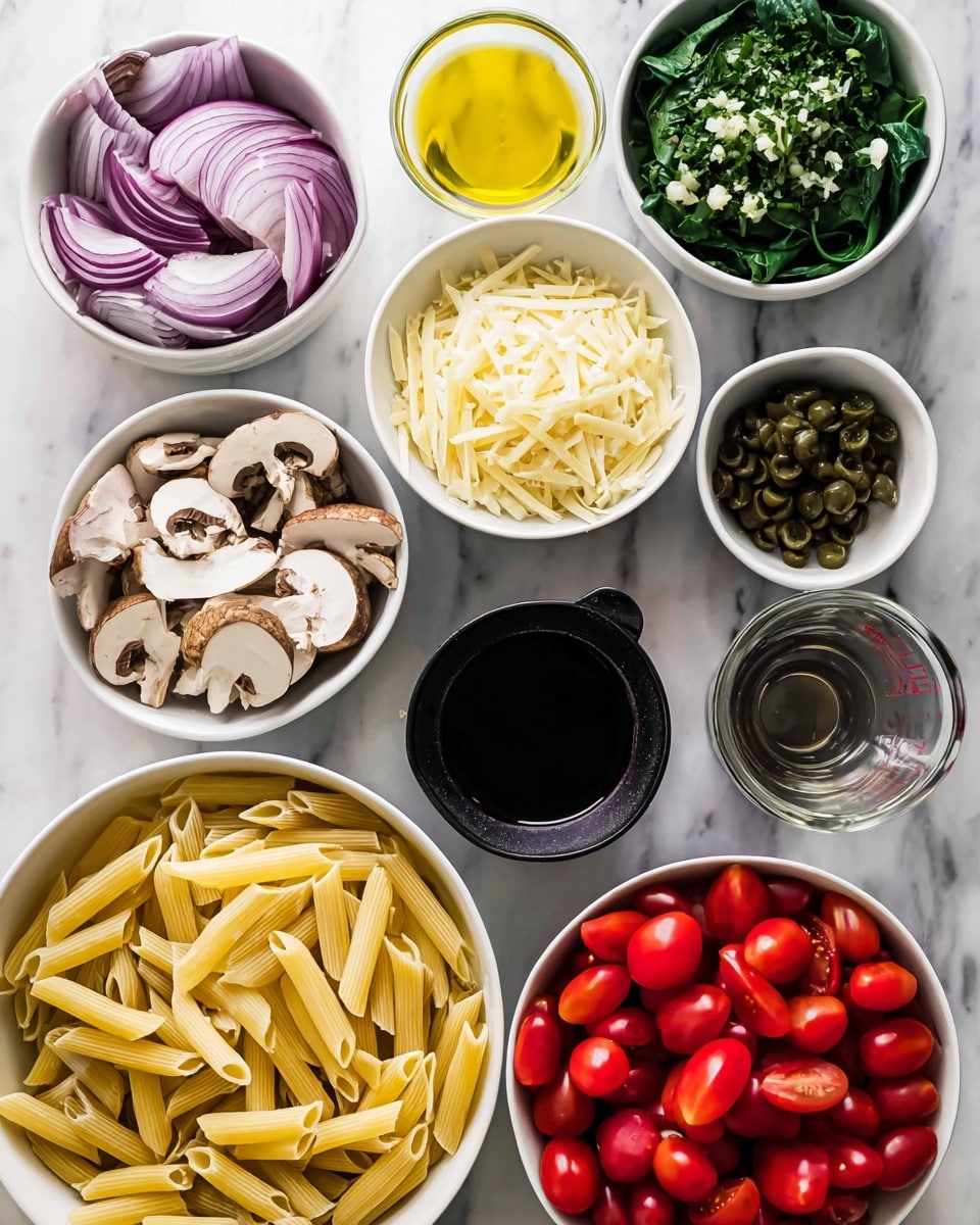The image shows nine white bowls and one black container arranged on a white marbled surface, each filled with different fresh ingredients. Starting from the top left, there is a bowl of thinly sliced purple onion that forms neat curved layers; to its right, a bowl with chopped garlic and green herbs on top in two distinct halves. Next is a small bowl of golden-yellow olive oil. Below these, there's a white bowl filled with large, uneven light yellow cheese shavings. To its left, a black container holds evenly sliced white and brown mushrooms stacked loosely. Next to it is a small bowl of dark green capers. Below, a bowl brimming with bright red cherry tomatoes cut in halves with smooth shiny textures is shown. To the left, a large white bowl contains penne pasta in pale yellow tubes layered tightly, and next to it is a same-sized white bowl filled with roughly chopped deep green spinach leaves. Lastly, at the bottom right, a clear measuring cup holds a dark red liquid, likely wine. All bowls and container are placed close together with a clean, fresh appearance, photo taken with an iphone --ar 4:5 --v 7