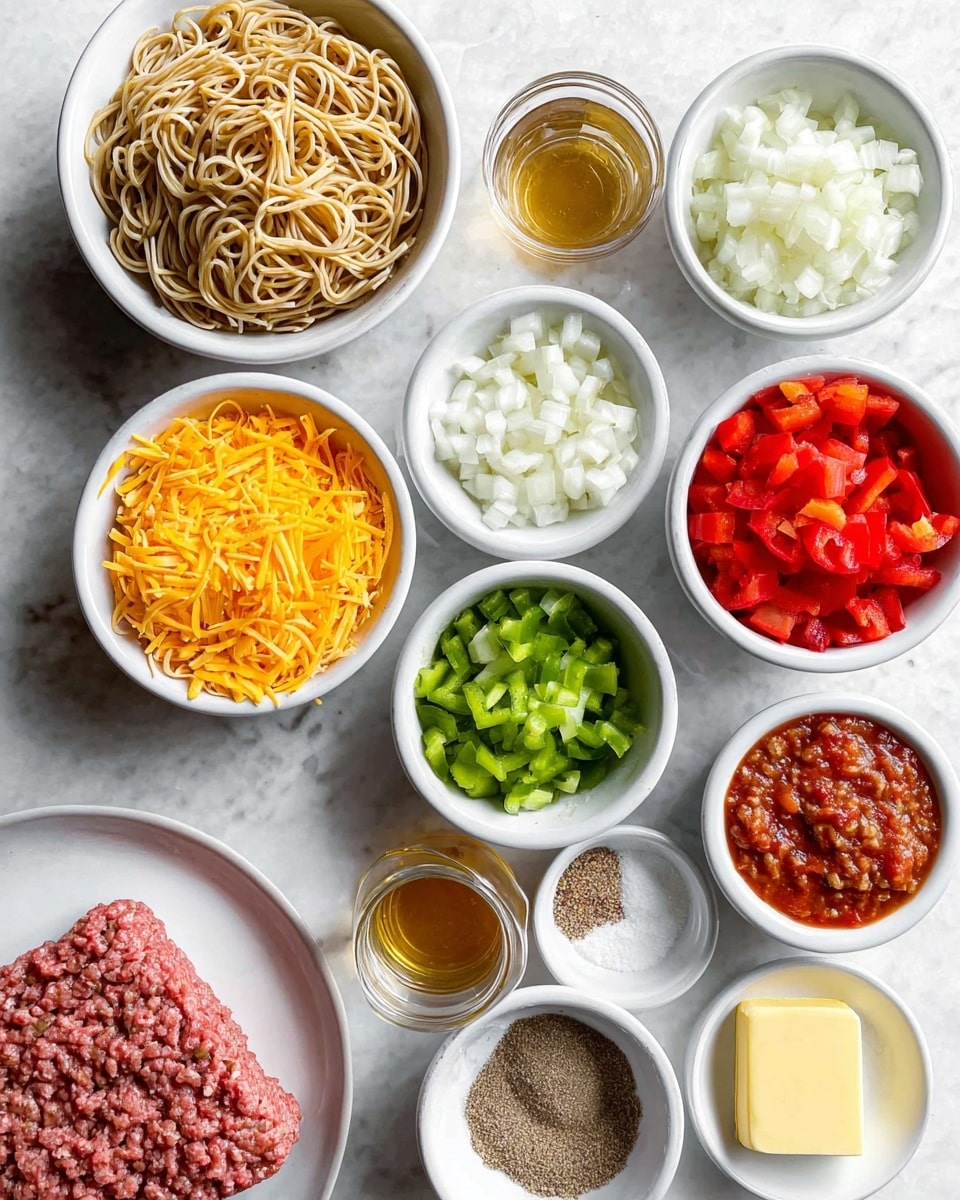 The image shows many small white bowls and plates with different ingredients on a white marbled surface. There is one bowl with light brown cooked noodles, one bowl with orange shredded cheese, and another bowl with green chopped bell peppers. Other bowls have chopped white onions, red diced bell peppers, and red chunky salsa. A small bowl holds minced garlic, another has brown spices, and another has white powder. There is also a plate with a square of raw ground beef, a glass with light brown liquid, and a small square of yellow butter. The arrangement is neat and all bowls are white except for a few clear glass ones. The scene is bright with soft natural light. photo taken with an iphone --ar 4:5 --v 7