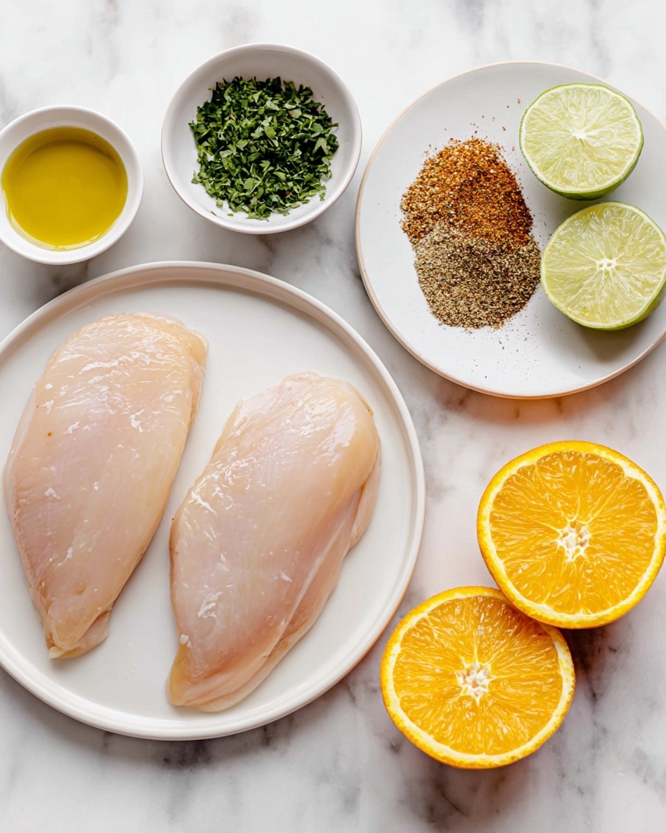 Two raw chicken breasts lie side by side on a white round plate at the bottom left of a white marbled surface. Above the plate, a small white bowl holds golden olive oil to the left, while finely chopped green herbs fill another small white bowl to the right. In the center, a white plate neatly holds a pile of mixed brown spices. To the right side of the image, two lime halves with green skin and pale yellow inside rest above two orange halves, bright orange and juicy, showing their inner texture. Photo taken with an iphone --ar 4:5 --v 7