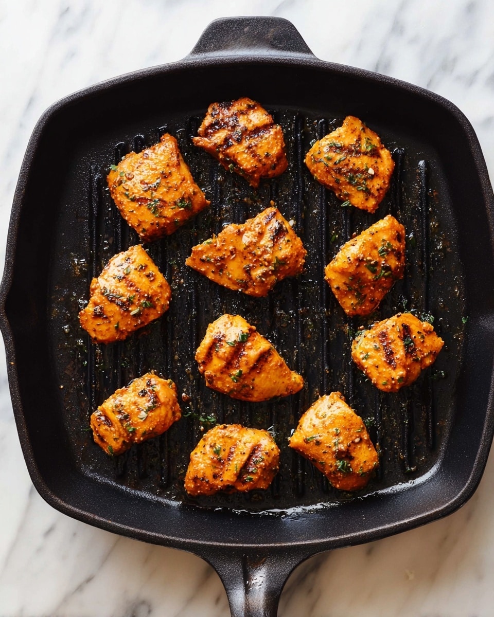 A black square grill pan holds nine small, orange-brown pieces of seasoned chicken arranged in three rows, each piece showing hints of grill marks and a slight shine from the marinade. The pan is placed on a white marbled surface which gives a clean and bright contrast to the dark pan and richly colored chicken. The chicken pieces vary slightly in size and shape, some with visible herbs on the outside. photo taken with an iphone --ar 4:5 --v 7