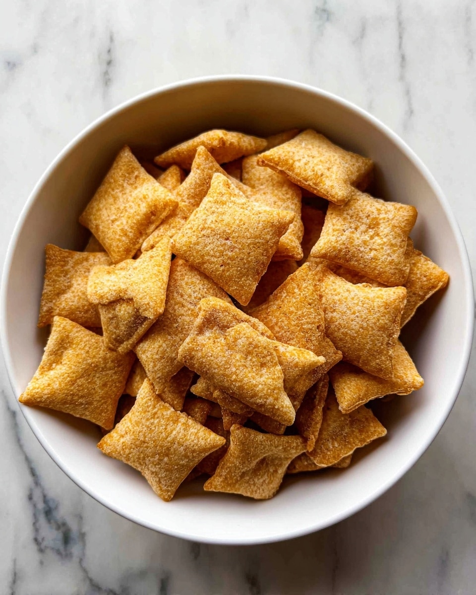 A white bowl is filled with many small, square-shaped snacks that are light golden brown in color with slightly rough and flaky textures on their surfaces, showing a toasted look. The snacks are piled up, overlapping each other inside the bowl, which rests on a white marbled surface. Photo taken with an iphone --ar 4:5 --v 7