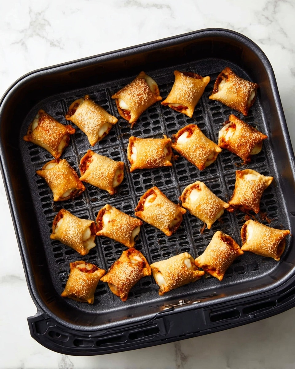 A black air fryer tray with 20 small, pillow-shaped snacks that are golden brown with some areas crispier and a bit bubbled on top, showing a light toasted texture; a little melted cheese filling is visible oozing out from the sides of several snacks. The tray sits on a white marbled surface and the snacks are arranged casually without perfect alignment. photo taken with an iphone --ar 4:5 --v 7