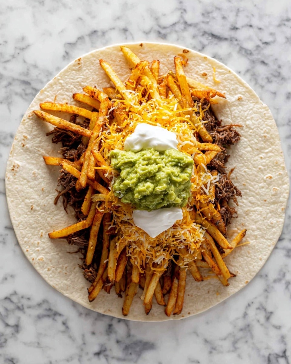 A large white tortilla lays flat on a white marbled surface, topped with four distinct layers arranged in a neat pile in the center. The bottom layer is shredded cooked meat, dark brown and textured, visible underneath a small amount of shredded orange cheese. Above that, a generous layer of seasoned, golden brown fries with a crispy texture is piled up. On top of the fries is a bright green scoop of chunky guacamole, and resting on that is a dollop of smooth, white sour cream, creating a creamy contrast. The whole dish looks fresh and ready to be folded. Photo taken with an iphone --ar 4:5 --v 7