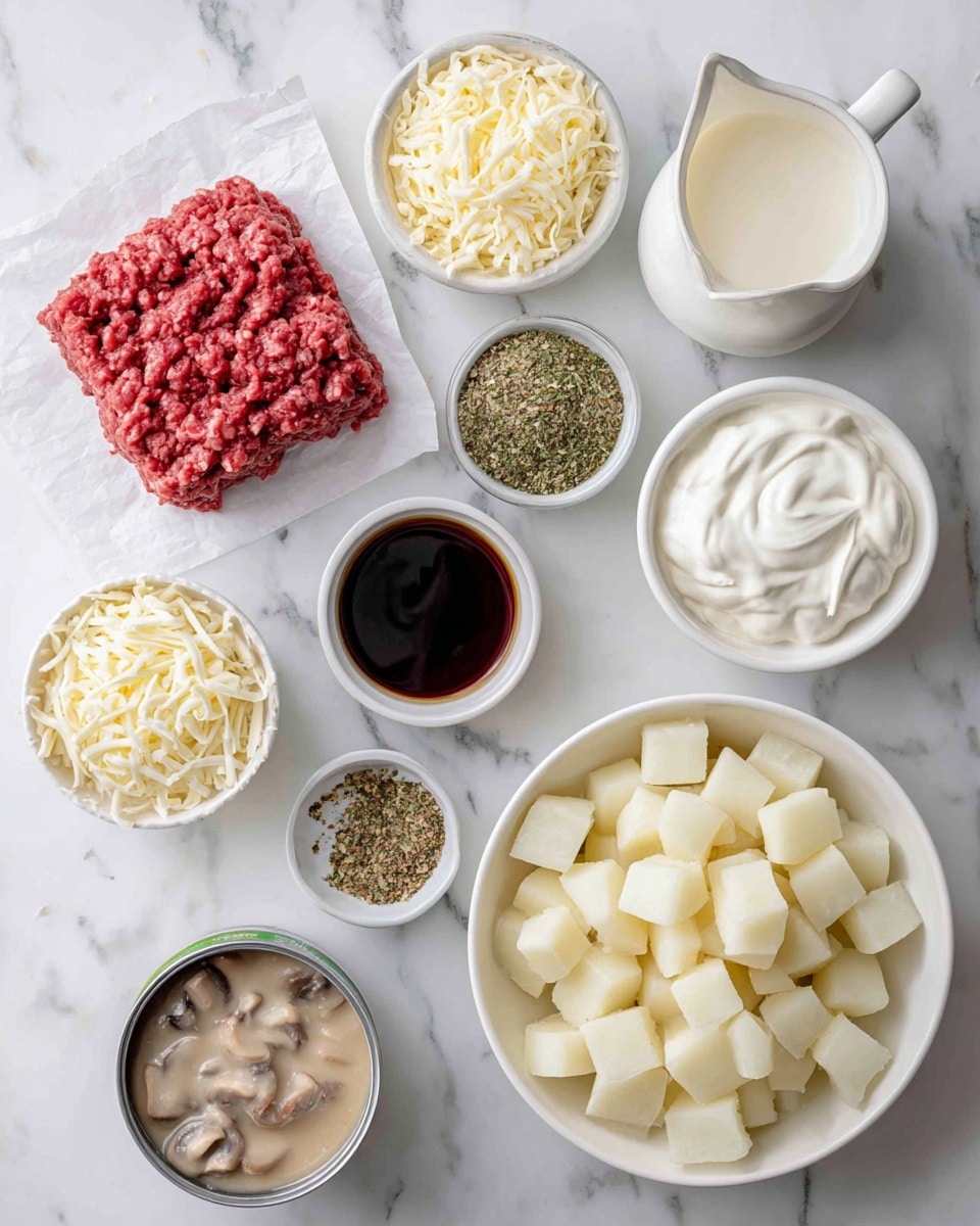 The image shows ingredients laid out on a white marbled surface, each in separate white bowls or containers. There is a block of red ground beef on white parchment paper in the upper left corner. Next to it, a white bowl is filled with shredded pale yellow cheese. A small white bowl holds a dark Worcestershire sauce, while another white bowl beside it contains a mix of light tan and green herbs and spices. A glass jug with creamy white half & half is at the top right. Below, there is a large white bowl filled with small, cubed frozen potatoes in pale light shades. A small can of mushroom soup with light brown creamy texture and a white bowl full of smooth, thick sour cream complete the setup. Photo taken with an iphone --ar 4:5 --v 7