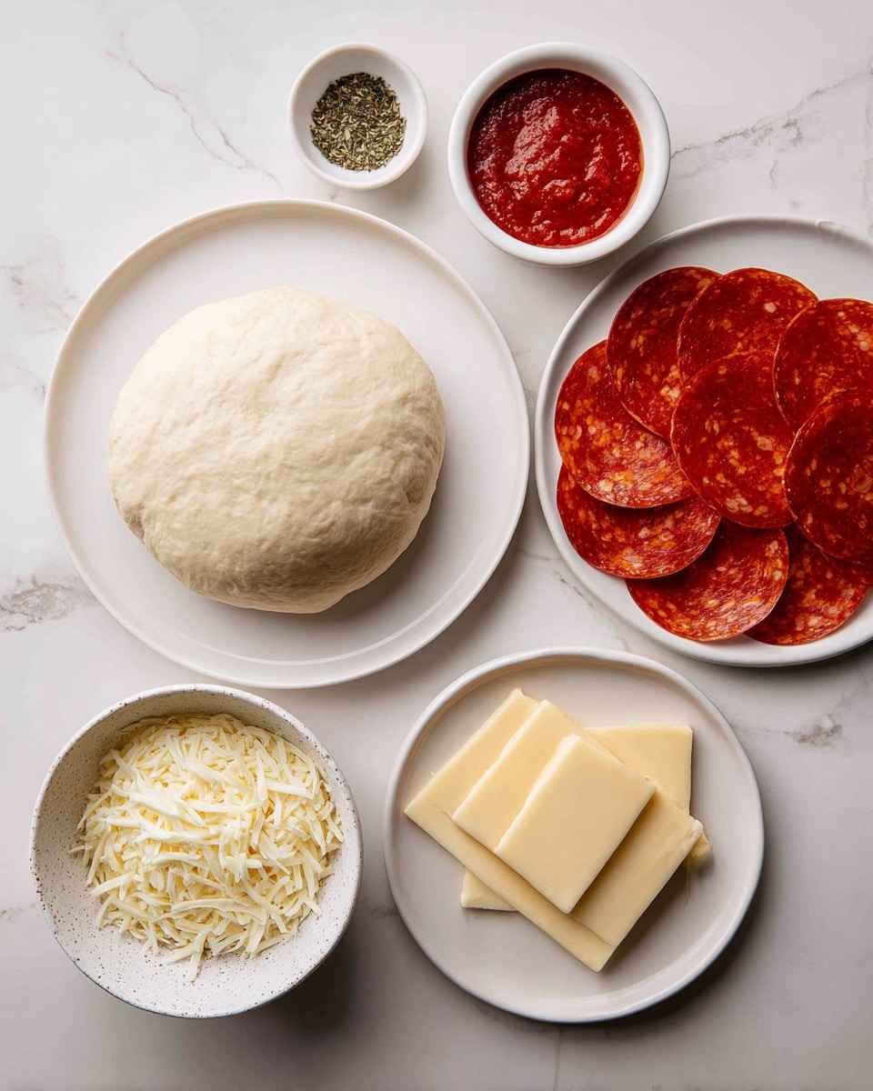A round ball of pale pizza dough sits on a white plate on the left. Next to it, a small white bowl holds bright red pizza sauce with a smooth, slightly thick texture. Above the sauce, a tiny white bowl contains dried brownish-green herbs. To the right, there is a white plate stacked with many thin, bright red pepperoni slices arranged neatly in a circular pattern. Below the pepperoni, a white plate has several square slices of pale yellow cheese layered slightly off-center. Near the bottom left, shredded white cheese fills a white bowl with speckles. Lastly, a small white bowl with a yellowish beaten egg completes the group. All items are placed on a white marbled surface. Photo taken with an iphone --ar 4:5 --v 7