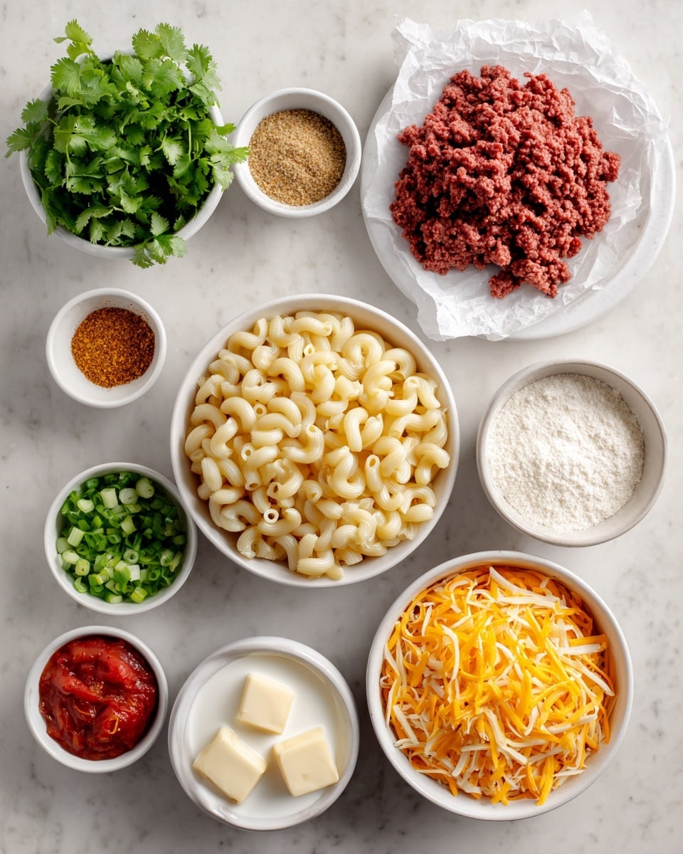 A white marbled surface holds an array of ingredients arranged neatly: a small white bowl with fresh bright green cilantro on the top left, next to a small white bowl with golden taco seasoning. In the center, a medium white bowl is filled with smooth white half & half cream. Below that, a larger white bowl contains pale yellow pasta shells. To the right of the pasta, a small white bowl holds light brown and yellow spices. Above the spices, a white plate holds red ground beef on crumpled white parchment paper. At the top right, a small white bowl has white flour, and below it, a large white bowl is filled with shredded orange cheese. Near the cheese, a small white bowl contains chopped green onions, and next to it, another small white bowl holds two square pieces of pale yellow butter. Near the bottom left, a small white bowl contains red Rotel tomatoes with visible bits of tomato and pepper. The entire set is on a white marbled surface. Photo taken with an iphone --ar 4:5 --v 7