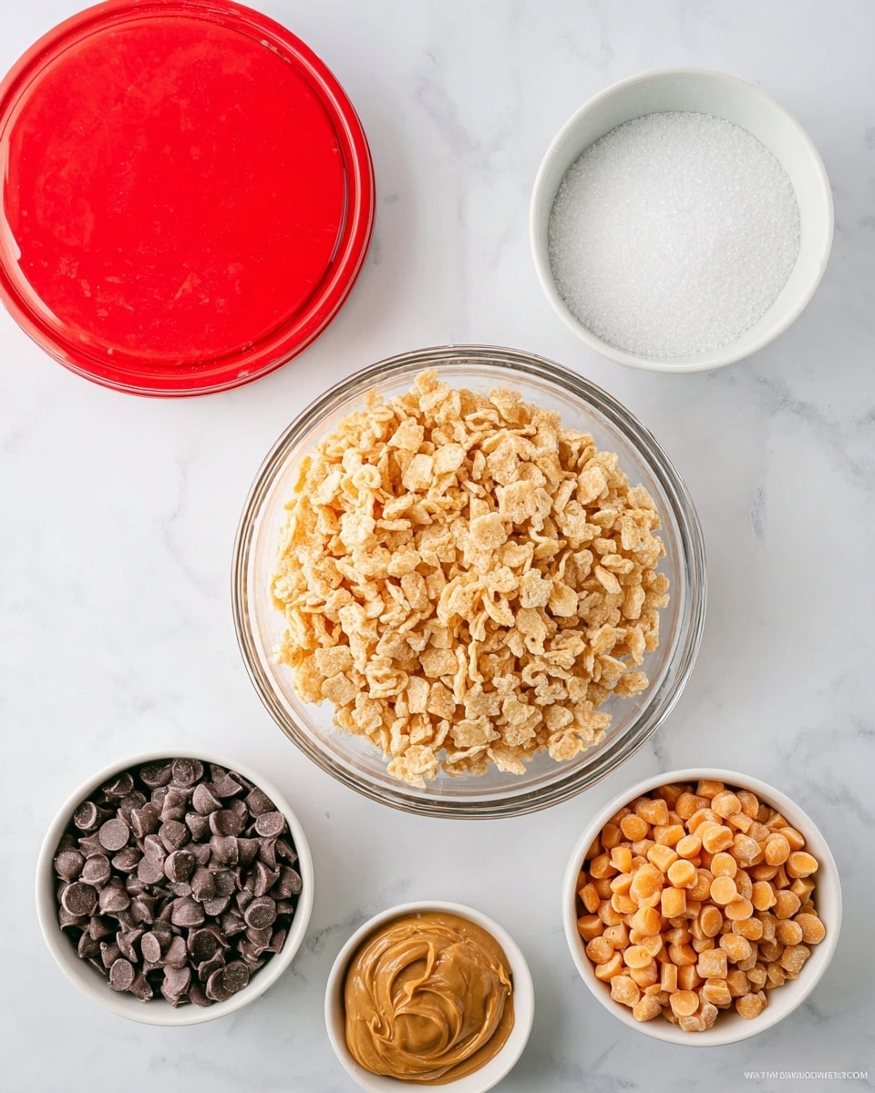 The image shows five bowls with different ingredients on a white marbled surface. In the middle is a clear glass bowl filled with small beige crispy rice cereal clusters. Around it, there are four white bowls: one at the bottom left with smooth light brown peanut butter, one at the bottom center filled with small dark brown chocolate chips, one at the bottom right with small light brown butterscotch chips, and one at the top right filled with white granulated sugar. At the top left, there is a red-lidded container with its lid removed, showing a red inside. The setup is clean and brightly lit. photo taken with an iphone --ar 4:5 --v 7