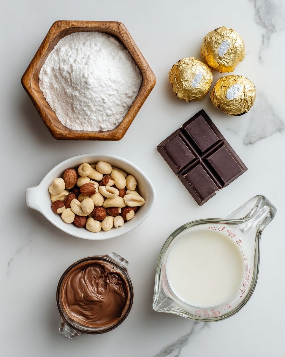 The image shows various ingredients arranged on a white marbled surface. At the top left is a small hexagonal wooden bowl filled with white powdered sugar. Below it to the left is a small white oval dish containing whole and chopped nuts and some chocolate-covered round treats wrapped in gold foil. To the right of the nuts is a square piece of dark chocolate with four segments. At the bottom left is a white measuring cup with smooth, creamy Nutella inside, labeled 1/2 cup. To the right of the Nutella is a clear glass measuring jug filled with heavy cream. All items are neatly spaced on the white marbled surface, giving a clean and organized look photo taken with an iphone --ar 4:5 --v 7