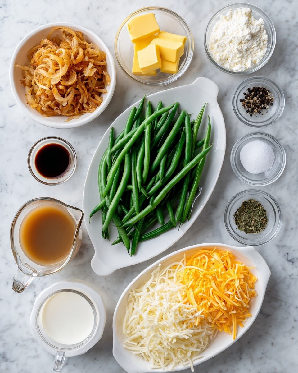 A top view of various cooking ingredients arranged neatly on a white marbled surface: a white bowl filled with golden brown fried onions at the top left, next to a small clear bowl containing three yellow butter sticks, and a smaller clear bowl with chopped white garlic. Nearby are small clear bowls holding black pepper and white salt. At the center lies a white oval plate full of fresh green beans. To the right of the green beans are a white plate with two piles of shredded cheese, one pale yellow and the other bright orange, and a clear measuring cup filled with light brown chicken broth. Below the plate and measuring cup are small white containers holding chopped white onions, white flour, and white milk. Additional small clear bowls contain dark brown Worcestershire sauce and green dried oregano. All items are spaced evenly, showing clear textures and colors, photo taken with an iphone --ar 4:5 --v 7