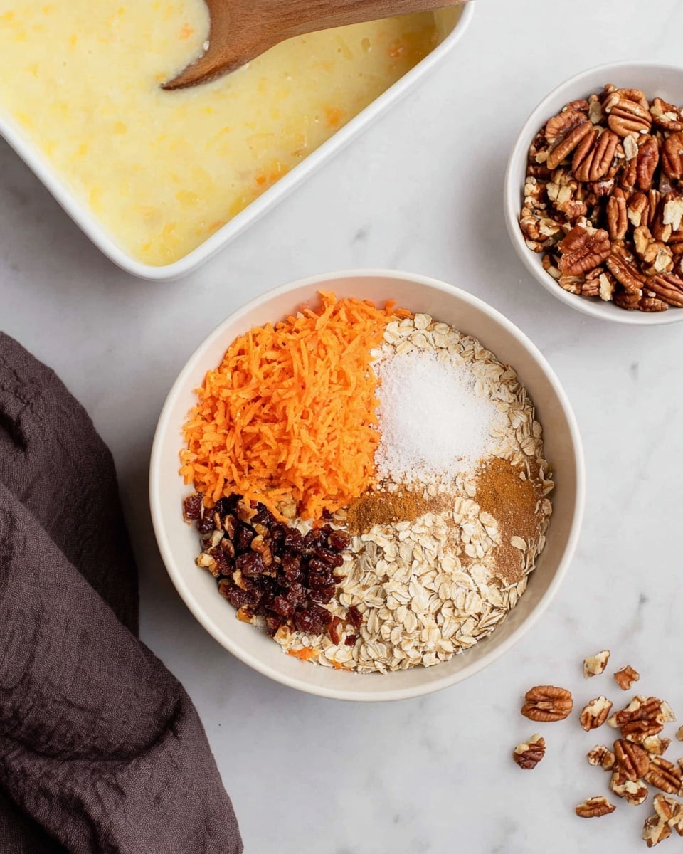 A white bowl holds six separate layers of ingredients arranged side by side: grated orange carrots on the top left, chopped pecans on the top right, small dark brown chopped dates on the bottom right, light brown oats on the bottom left, white granulated sugar above the oats, and cinnamon powder mixed with another brown spice in the center. Above the bowl to the left, part of a white dish filled with a creamy yellow mixture and a wooden spoon is visible. In the top right corner, there is a small white bowl filled with more chopped pecans, with some scattered on the white marbled surface around it. A dark gray cloth lies in the bottom left corner. Photo taken with an iphone --ar 4:5 --v 7