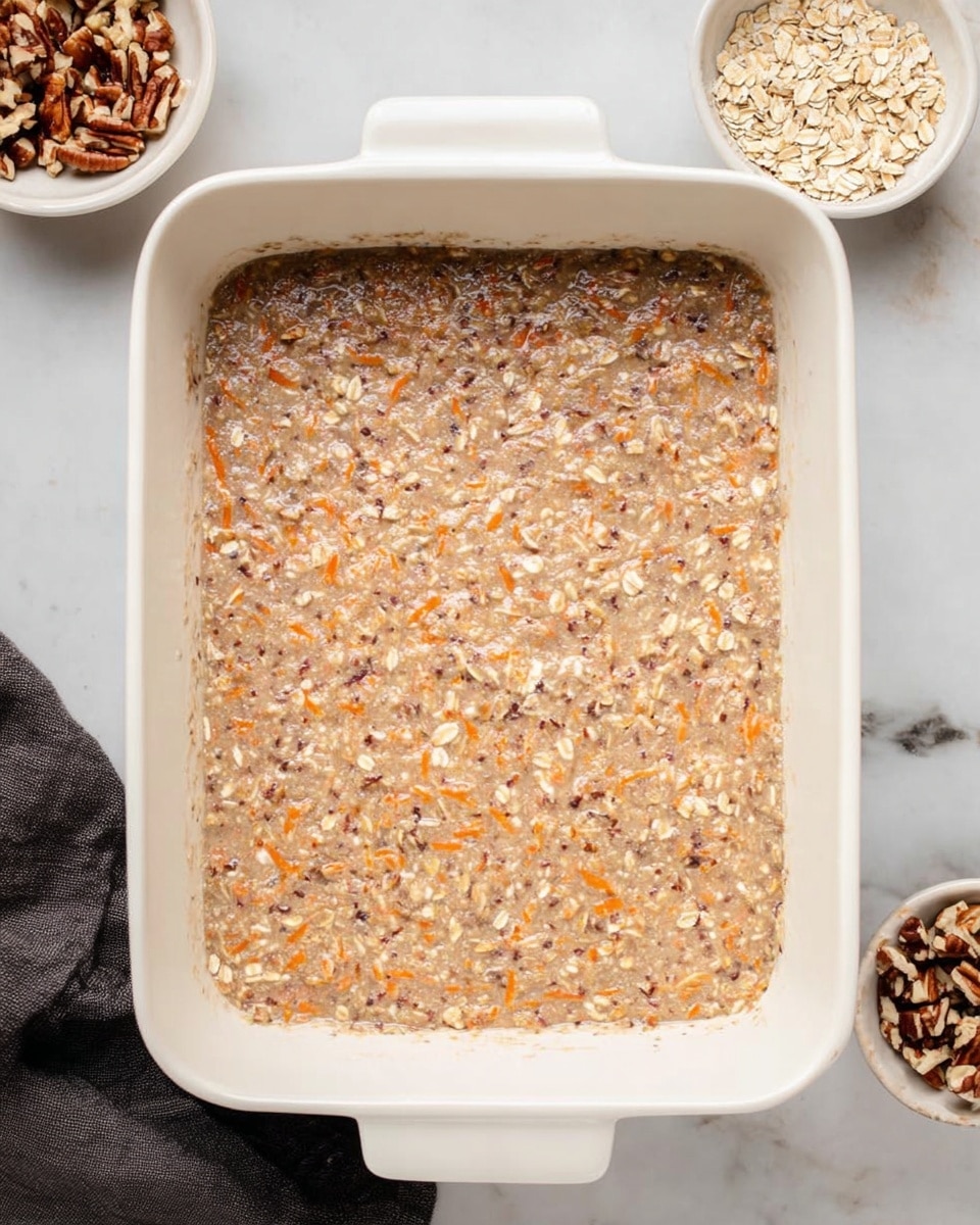The image shows a white rectangular baking dish filled with a mixture that looks like a batter with small pieces of orange carrot shreds and bits of nuts throughout, creating a textured, speckled light brown surface. The mixture is spread evenly to fill the dish, with slightly visible oats and small dark nut pieces scattered inside. Around the dish, there are two white bowls containing more chopped nuts, placed on a white marbled textured surface. A dark gray cloth is partly visible at the bottom left corner. Photo taken with an iphone --ar 4:5 --v 7