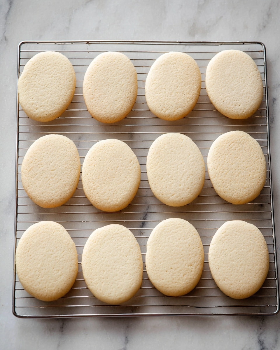 The image shows eleven oval-shaped cookies arranged on a silver cooling rack that is placed on a white marbled surface. Each cookie is pale tan in color with a smooth texture and slightly rounded edges. The cookies are evenly spaced in rows, with some overlapping slightly. They appear soft and fresh without any decorations or toppings. photo taken with an iphone --ar 4:5 --v 7