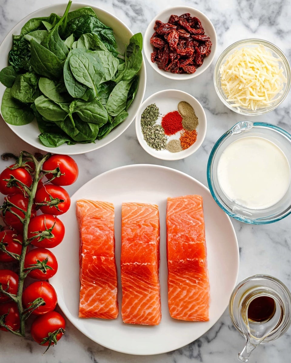 A white plate holds four pieces of bright orange salmon fillets arranged side by side. To the left, a white bowl is filled with fresh green spinach leaves. Above the salmon and spinach, there are small white bowls containing various ingredients: dark red sun-dried tomatoes, finely chopped garlic in a small clear bowl, dried mixed herbs, bright red paprika powder, shaved pale yellow cheese, and a small bowl with a dark brown liquid. To the right, a clear measuring cup contains white cream. On the far left, a bunch of vibrant red cherry tomatoes still on the vine rests on a white marbled surface. photo taken with an iphone --ar 4:5 --v 7