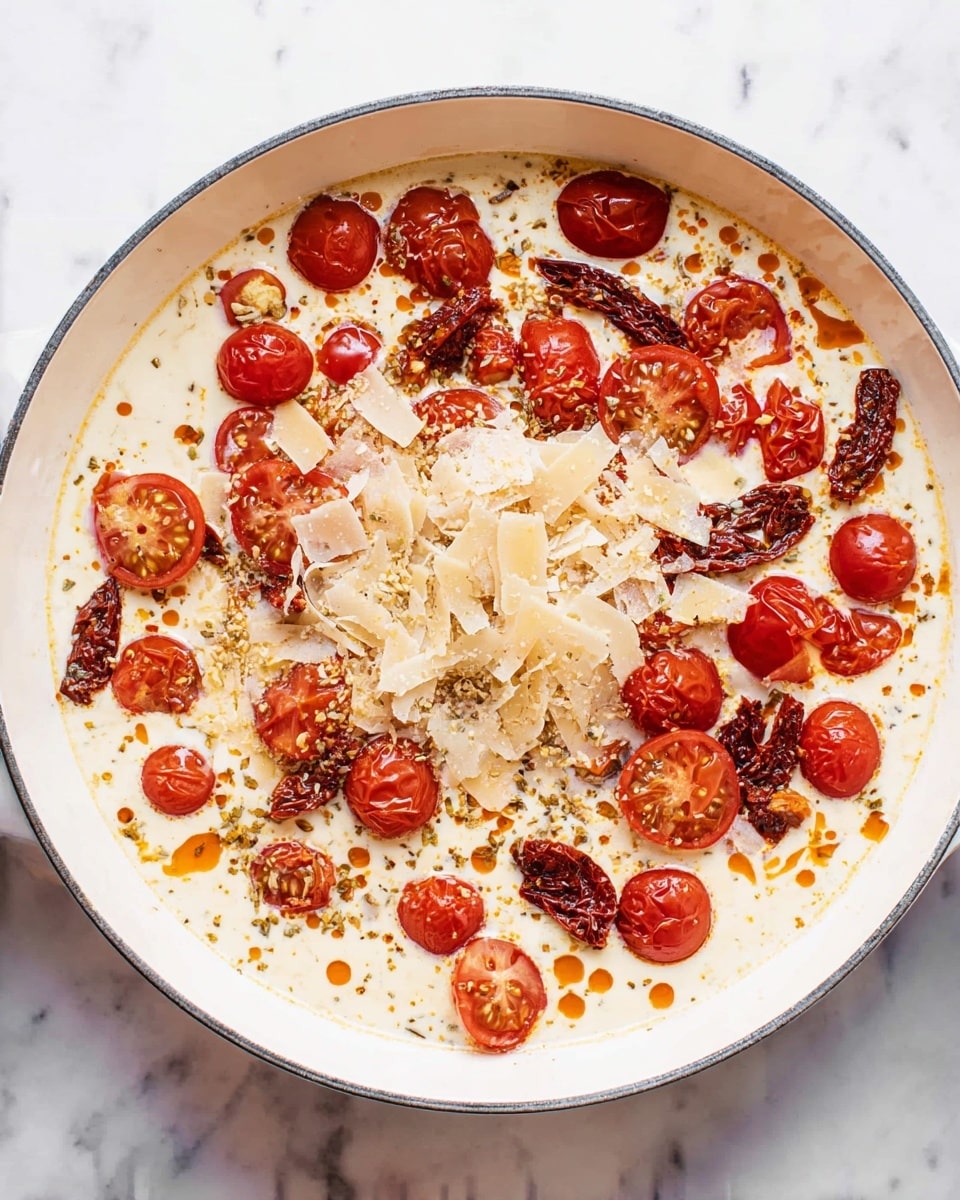 The image shows a white pan with a creamy sauce base that looks smooth and light off-white. On top of the sauce, there are many slices of bright red cherry tomatoes, some whole and some halved, scattered mostly around the edges. Dark pieces of sun-dried tomato add texture and contrast, placed unevenly among the cherry tomato slices. In the center, there is a pile of thin, light beige cheese shavings clustered together. The sauce has orange oil droplets and specks of seasoning sprinkled all over, creating a speckled effect. The pan is placed on a white marbled surface. Photo taken with an iphone --ar 4:5 --v 7
