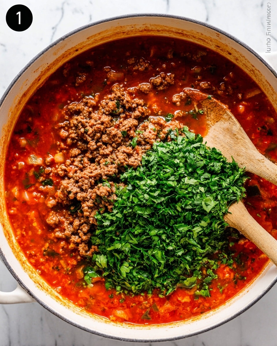The image shows a white pot filled with a rich, red-orange tomato sauce base, which has small visible bits of diced vegetables cooked into it. On top of the sauce, there is a layer of cooked ground meat that looks crumbly and brownish-gray. To the right side of the pot, a pile of freshly chopped bright green herbs, likely parsley, rests on the meat and sauce. A wooden spoon is partially dipped into the mixture near the herbs. The pot is placed on a white marbled surface. Photo taken with an iphone --ar 4:5 --v 7
