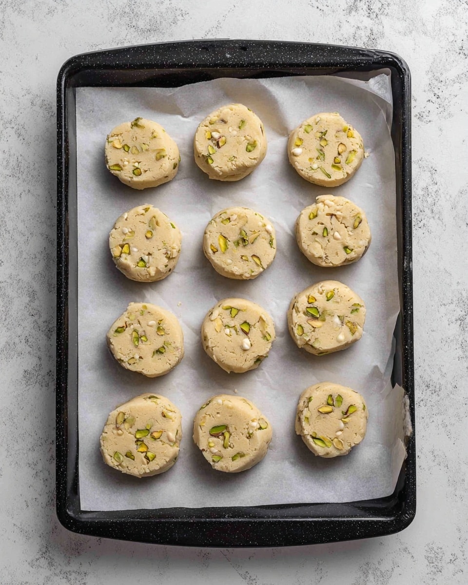 The image shows a black baking tray lined with white parchment paper placed on a white marbled surface. On the tray, there are twelve uncooked cookie dough rounds arranged in three rows and four columns, each round light beige with small pieces of green pistachios and white nuts embedded in the dough. The dough shapes are slightly irregular but mostly round, with a smooth and slightly glossy surface texture. The paper crinkles gently at the edges of the tray. Photo taken with an iphone --ar 4:5 --v 7