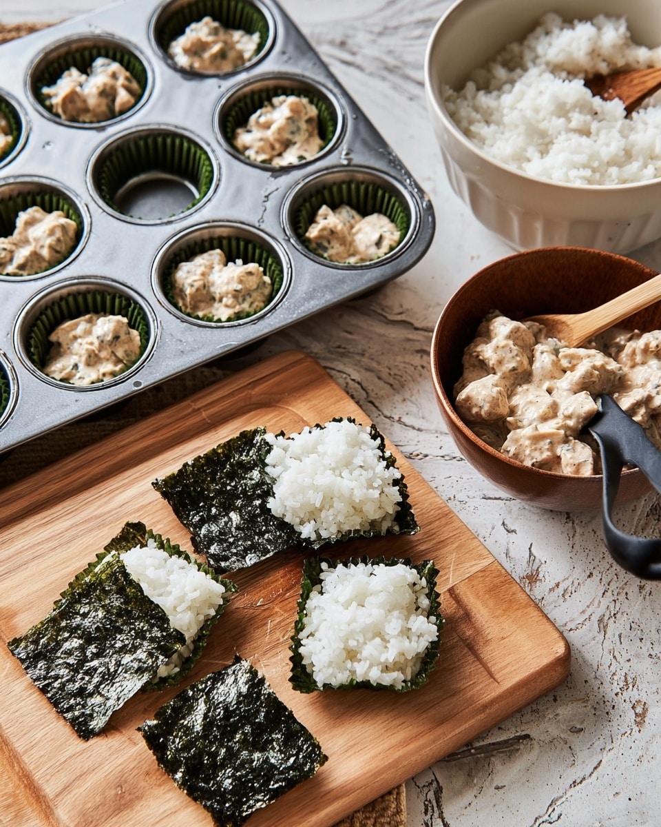The image shows a food preparation scene with two main components: small squares of shiny dark green seaweed sheets topped with a layer of white cooked rice, placed on a light wooden board; a metal muffin tin with some cups lined with seaweed and filled with white rice, and some cups also topped with creamy beige chunks of meat mixed in a light sauce. Nearby, a white bowl holds white rice with a wooden spoon resting in it, and a brown bowl contains the creamy meat mixture with a black spoon inside. The background features a white marbled surface. photo taken with an iphone --ar 4:5 --v 7