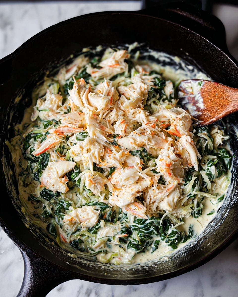 The image shows a black cast iron pan filled with three layers of food. The bottom layer is a creamy white sauce mixed with wilted dark green spinach leaves. On top of this, there is a scattering of shredded pale yellow cheese mixed within the creamy spinach layer. The top layer consists of chunks of white crab meat with some orange touches, loosely piled in the center. A wooden spoon is partially visible on the right side of the pan, stirring the mixture. The whole dish is placed on a white marbled surface. Photo taken with an iphone --ar 4:5 --v 7