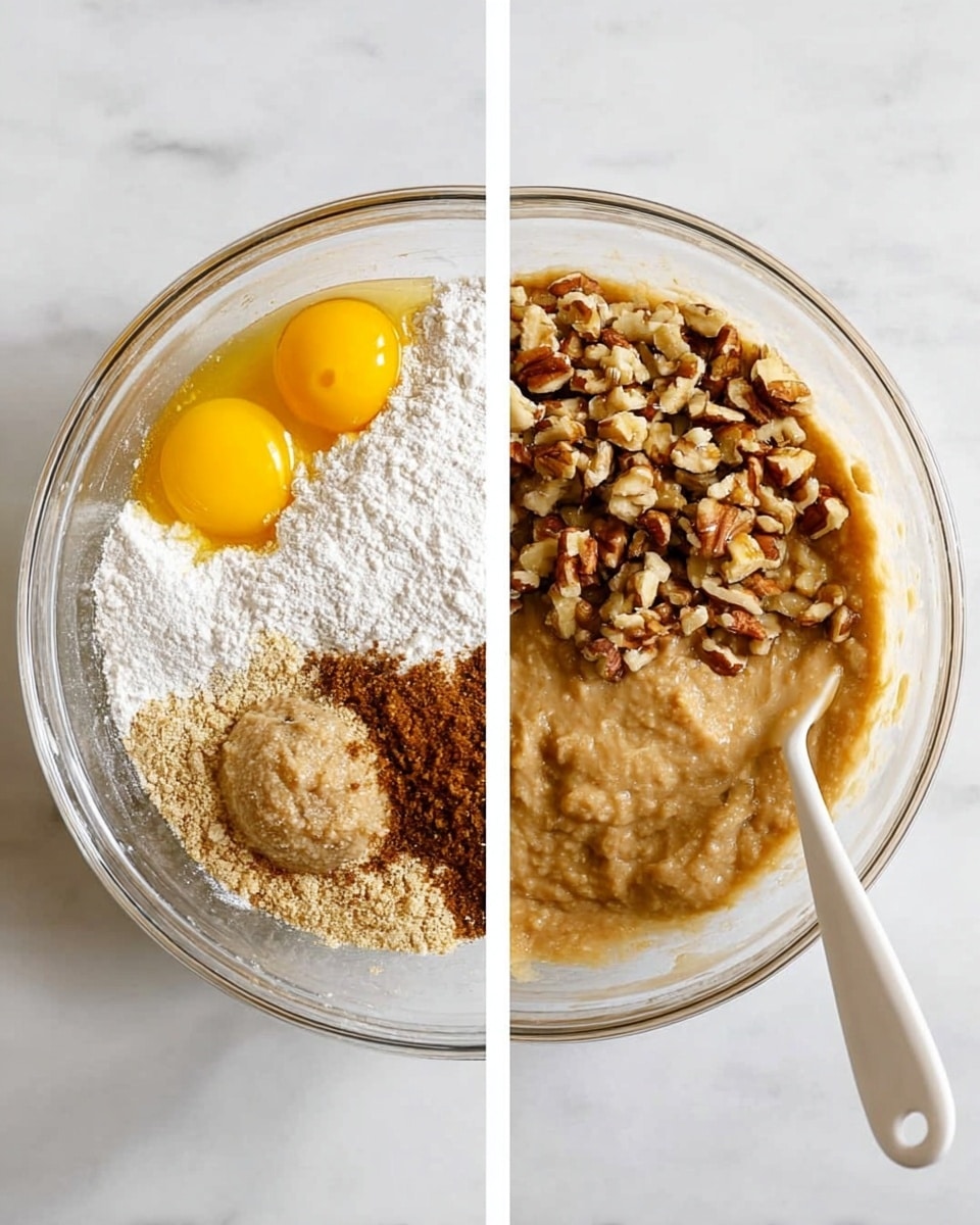 Two pictures side by side show the making of a batter in a clear glass bowl on a white marbled surface. The left picture has layers of ingredients before mixing: two bright yellow egg yolks at the top left, white powdery flour at the bottom left, white powder (probably baking soda or powder) on top center, brown sugar or syrup near the middle-right, and some lighter-colored mashed bananas or wet ingredients underneath filling the rest of the bowl. The right picture shows the batter after mixing into a smooth light brown layer filling the bowl halfway, with chopped nuts piled on the left side and a white spatula resting on the right side of the bowl. Photo taken with an iphone --ar 4:5 --v 7