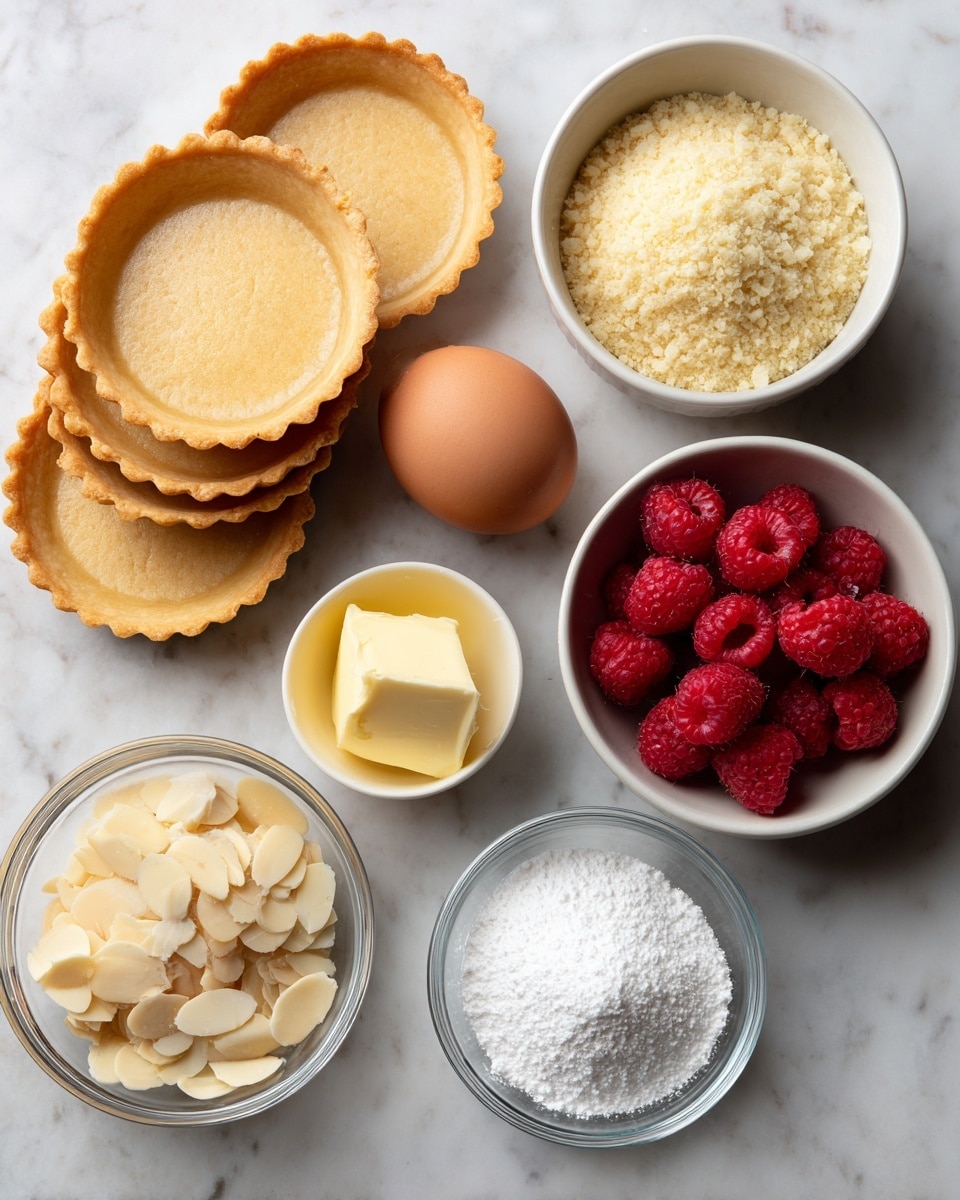 The image shows several tartlet shells stacked in a pile on the left side, each shell light golden brown and smooth. To the right, there are six smaller white bowls arranged around a single brown egg: a white bowl filled with pale almond meal at the top center, a white bowl of creamy yellow butter to the right, a white bowl of bright red raspberries below the egg, a small glass bowl with light beige slivered almonds near the bottom right corner, and a small glass bowl holding snowy white powdered sugar in the lower left. All items are placed on a white marbled surface photo taken with an iphone --ar 4:5 --v 7