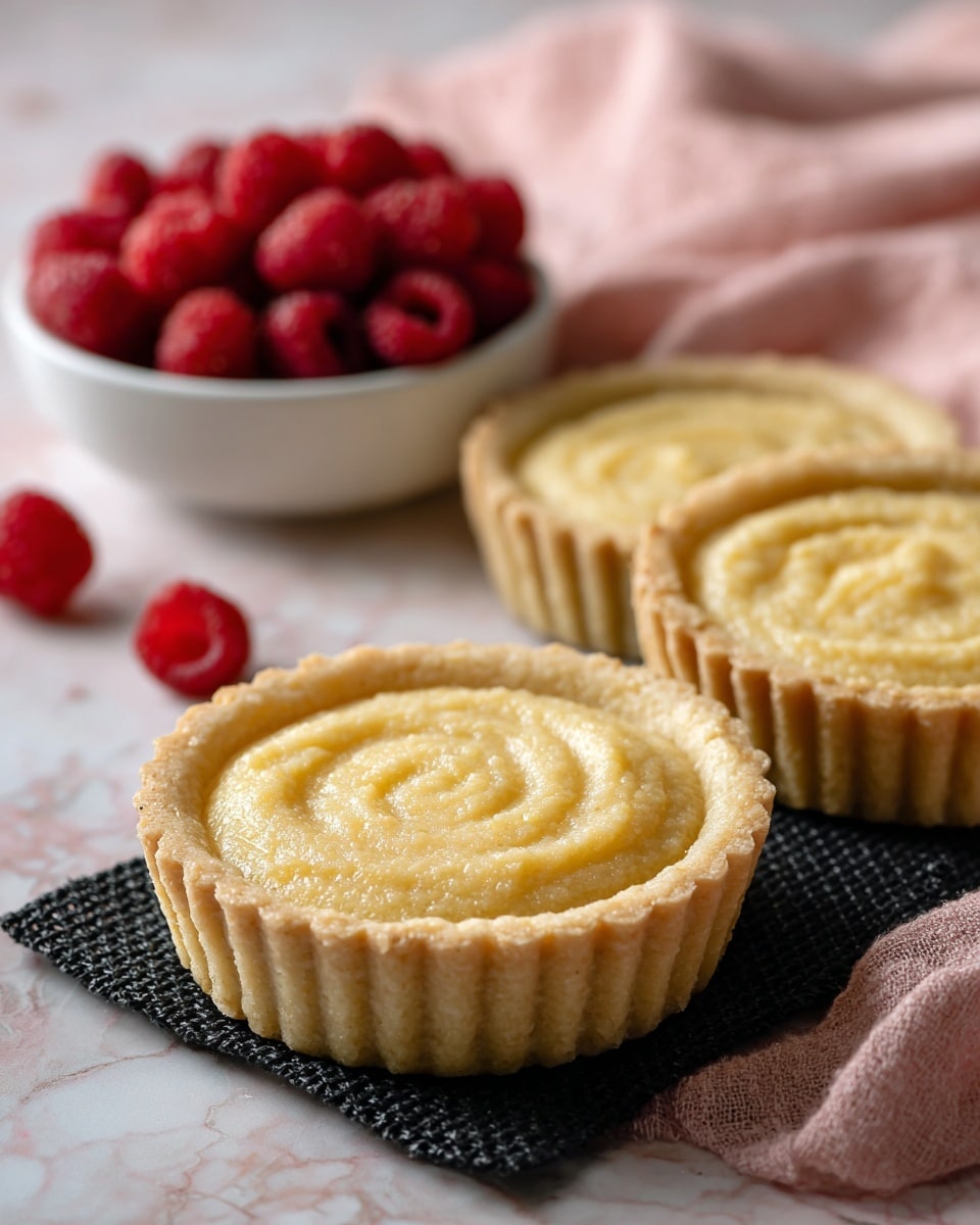 The image shows three small white tart pans with a golden yellow batter swirled evenly inside each. The pans sit on a black textured mat that rests on a soft pink and white marbled surface. In the background on the left, there is a white bowl filled with fresh, bright red raspberries placed on a pale pink cloth, adding a soft contrast to the scene. The focus is on the tart pans in the foreground, with the raspberries softly blurred behind. photo taken with an iphone --ar 4:5 --v 7