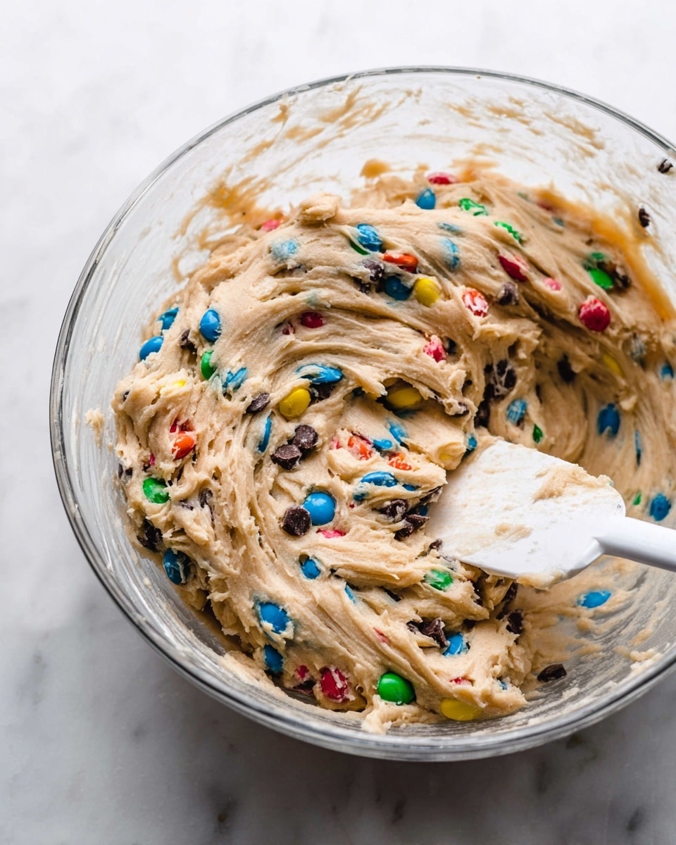 The image shows a clear glass bowl filled with thick, creamy cookie dough mixed with small, colorful candy pieces in red, blue, green, yellow, and orange, along with tiny dark chocolate chips evenly spread throughout. A white spatula with traces of dough clings to its flat edge, resting inside the bowl on the right side. The dough has a slightly rough texture with many swirls and folds, indicating it has been recently mixed. The bowl is placed on a white marbled surface, giving a clean and bright look to the scene. Photo taken with an iphone --ar 4:5 --v 7