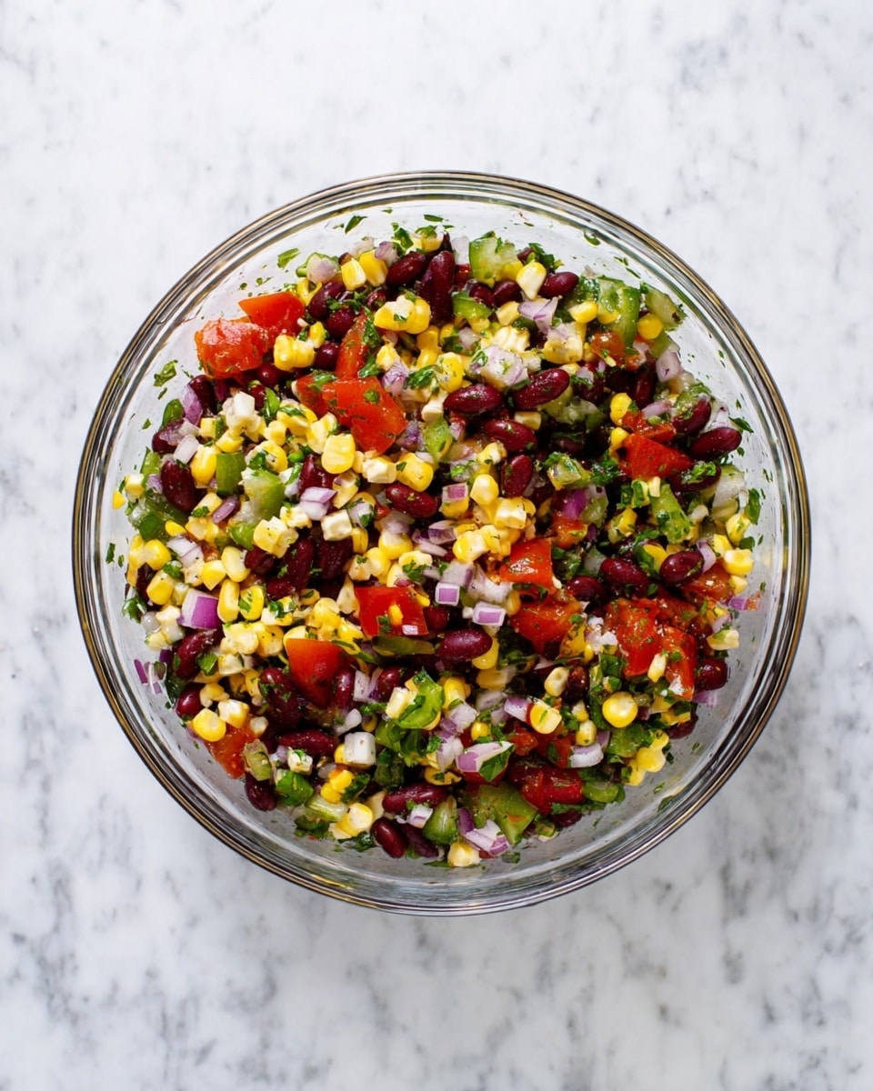 A clear round bowl filled with a colorful mix of chopped vegetables and beans sits on a white marbled surface. The mixture shows distinct layers of bright yellow corn kernels, dark red kidney beans, red diced tomatoes, finely chopped purple onions, chopped green herbs, and small pieces of green peppers, all evenly mixed together. The textures contrast between soft beans, crunchy corn, and fresh chopped veggies, creating a vibrant and fresh-looking salad. Photo taken with an iphone --ar 4:5 --v 7