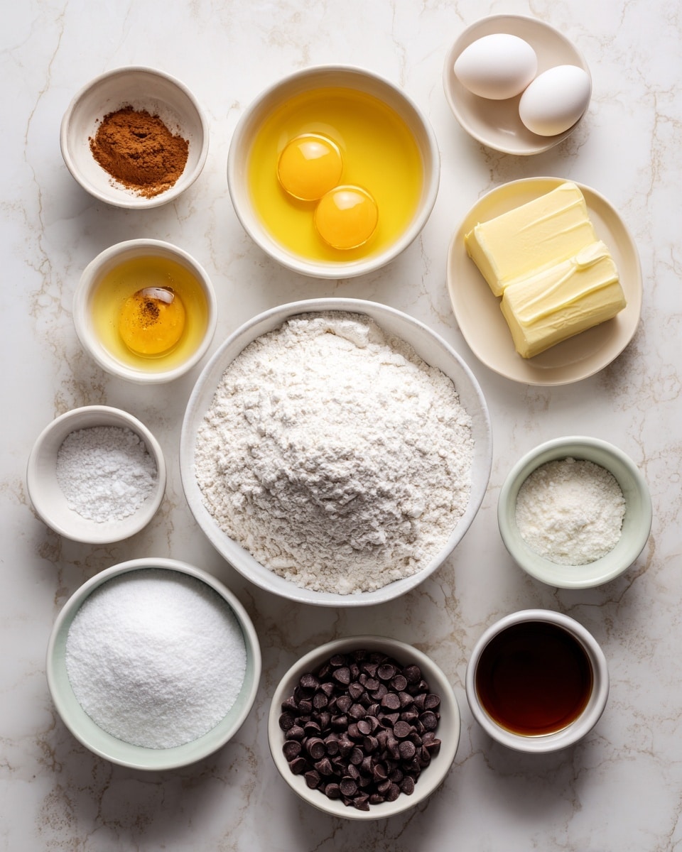 The image shows a white marbled surface with ten small white bowls arranged in a circle, each containing a different baking ingredient. In the center is a larger white bowl filled with white flour, carefully shaped in a mound. Surrounding it are smaller bowls containing golden yellow melted butter, a bright yellow raw egg yolk in clear whites, light brown cinnamon, fine white sugar, white baking powder, white salt, white milk, dark brown vanilla extract, and a bowl filled with small dark chocolate chips. Each ingredient is clearly visible in its own bowl, all neat and clean, arranged neatly in a balanced round shape. Photo taken with an iphone --ar 4:5 --v 7