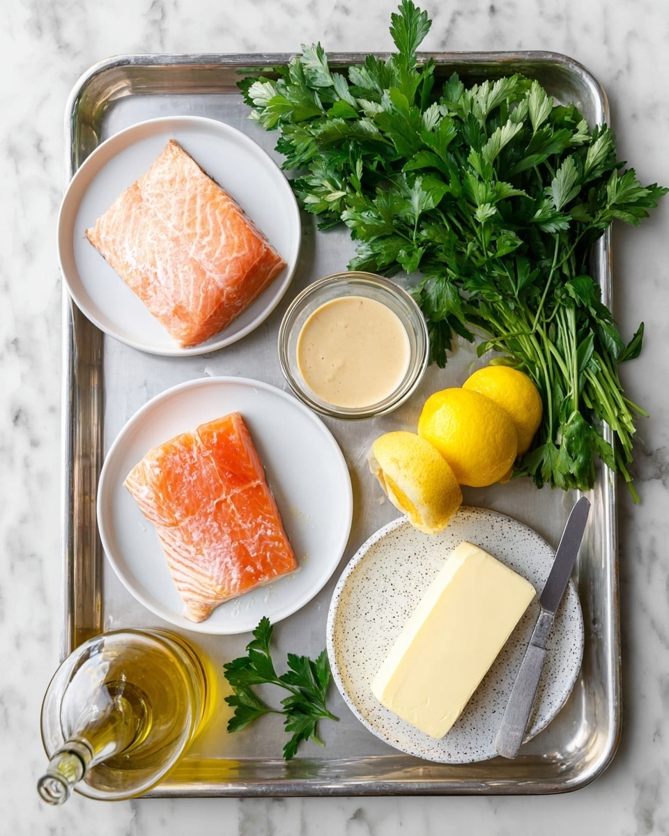 The image shows an overhead view of a silver tray on a white marbled texture surface holding several ingredients. On the tray, there is a white plate with a large raw pink-orange salmon fillet on the top left next to a small glass bowl of creamy light brown sauce. Below that plate is a smaller white plate with a cooked salmon piece that has a glossy, slightly charred pink-orange surface. On the bottom right, a white speckled plate holds a long rectangle of pale yellow butter and a silver butter knife beside it. Two bright yellow lemons sit on the top right corner of the tray next to a bunch of fresh green parsley with large leaves covering part of the tray. A clear glass bottle of golden liquid, likely oil, is placed near the bottom, with a couple of parsley leaves near it. The photo was taken with an iphone --ar 4:5 --v 7
