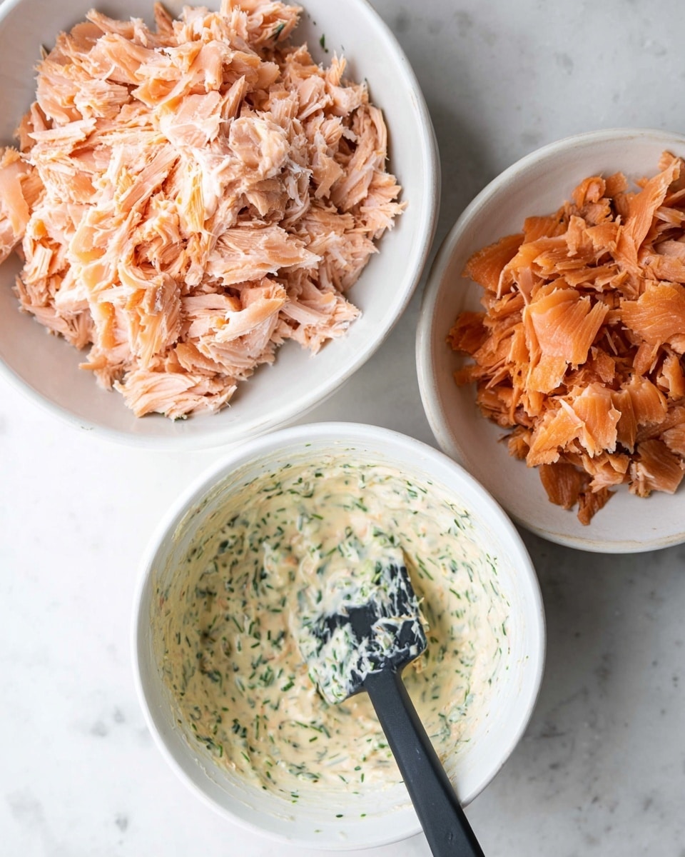 The image shows three white dishes on a white marbled surface. The top left dish holds a large pile of light pink, shredded cooked salmon pieces with a soft texture. To the right is another white dish with smaller, darker orange, shredded salmon pieces that look slightly firmer. At the bottom is a white bowl filled with a creamy sauce mixed with green herbs, and a black spatula is resting inside the bowl, partially covered with the sauce. The colors contrast well against the clean, white background photo taken with an iphone --ar 4:5 --v 7