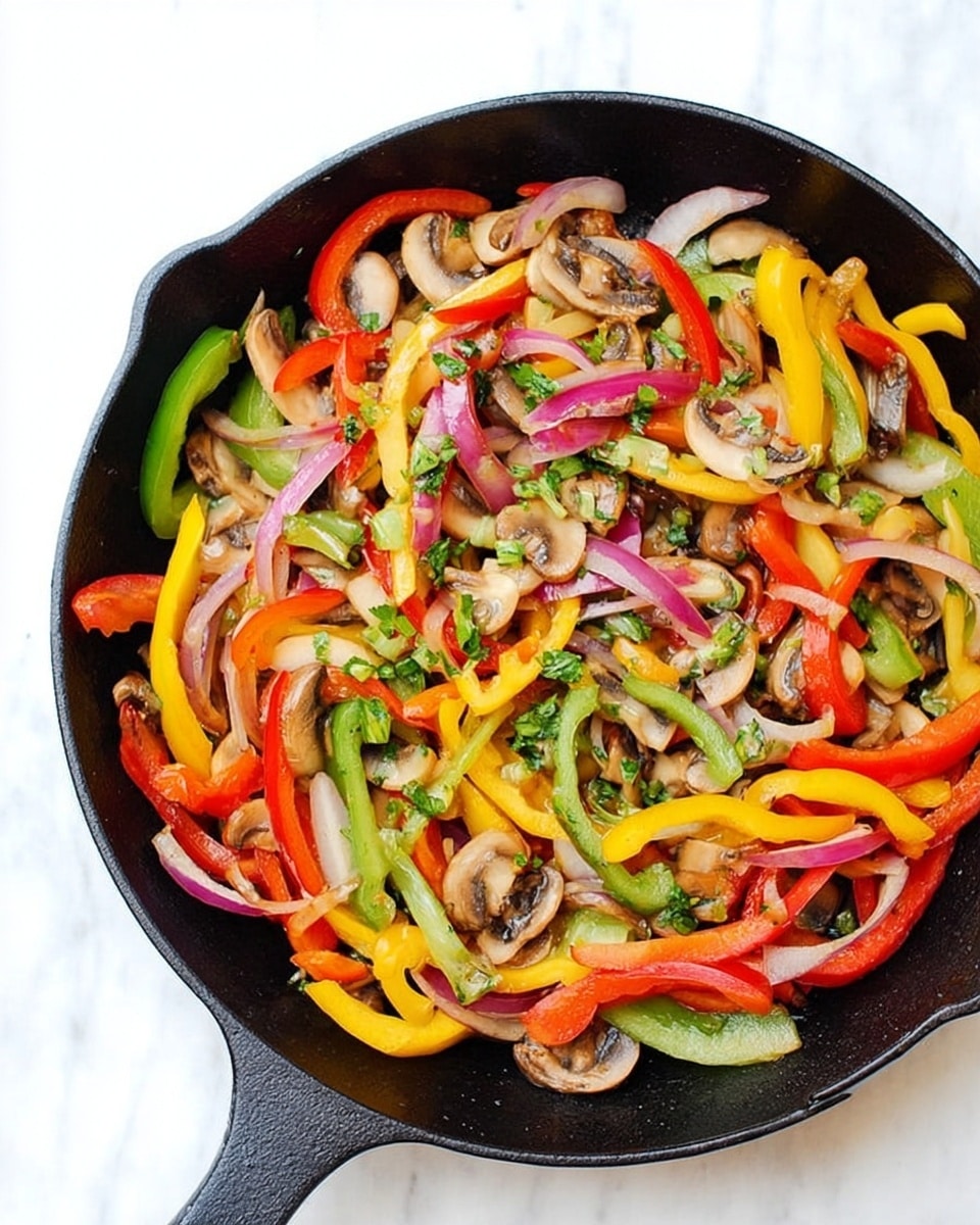 A black skillet filled with cooked vegetables sits on a white marbled surface. The dish has a mix of colorful layers including thin strips of red, yellow, and green bell peppers, red onion slices, and small pieces of pale brown mushrooms spread evenly throughout. Bright green pieces of fresh herbs are scattered on top, adding a fresh touch. The vegetables look lightly cooked, maintaining their bright colors and slightly soft texture. Photo taken with an iphone --ar 4:5 --v 7