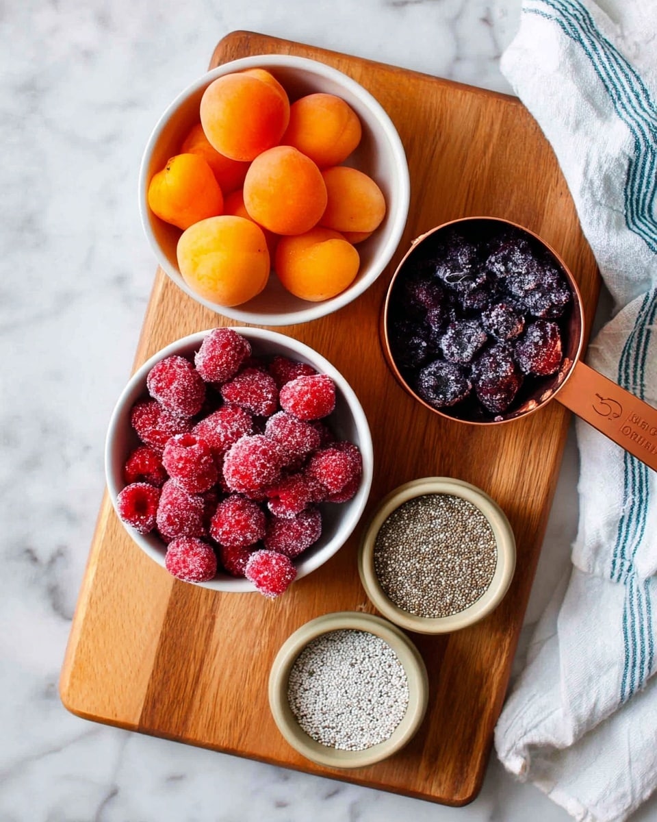 The image shows a wooden cutting board on a white marbled surface. On the cutting board, there is a white bowl filled with bright orange apricots in the top left corner, a white bowl filled with frozen red raspberries at the bottom right, and a copper measuring cup with frozen dark purple berries in the top right corner. There are also three small beige bowls filled with white chia seeds - one near the bottom left, one near the top middle, and one next to the copper measuring cup. The edge of a white cloth with blue stripes is visible on the right side. photo taken with an iphone --ar 4:5 --v 7